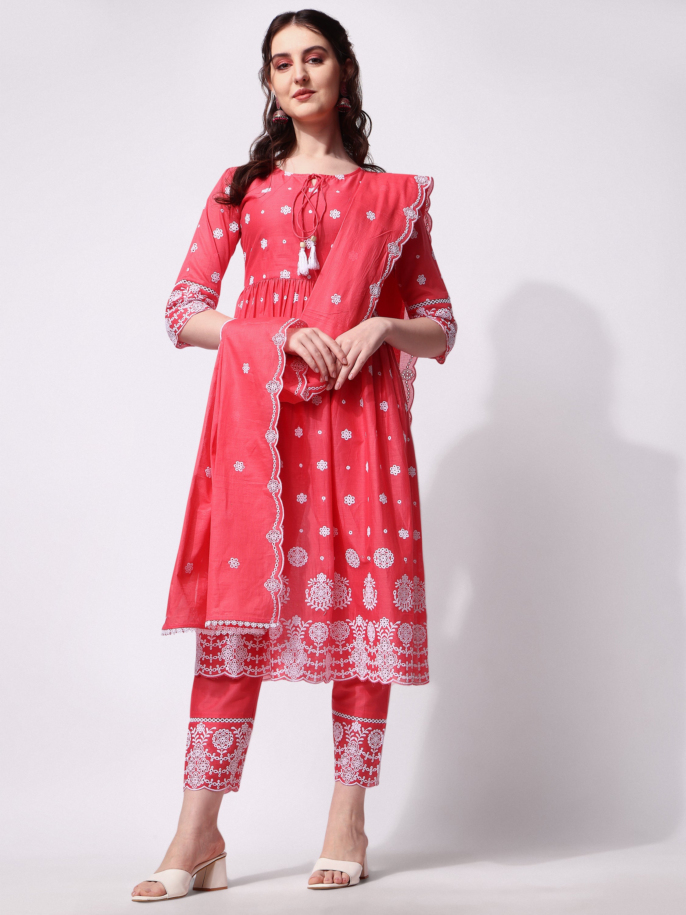 Nayra Cut Chikankari Embroidered  Kurta with Pant and Dupatta Set