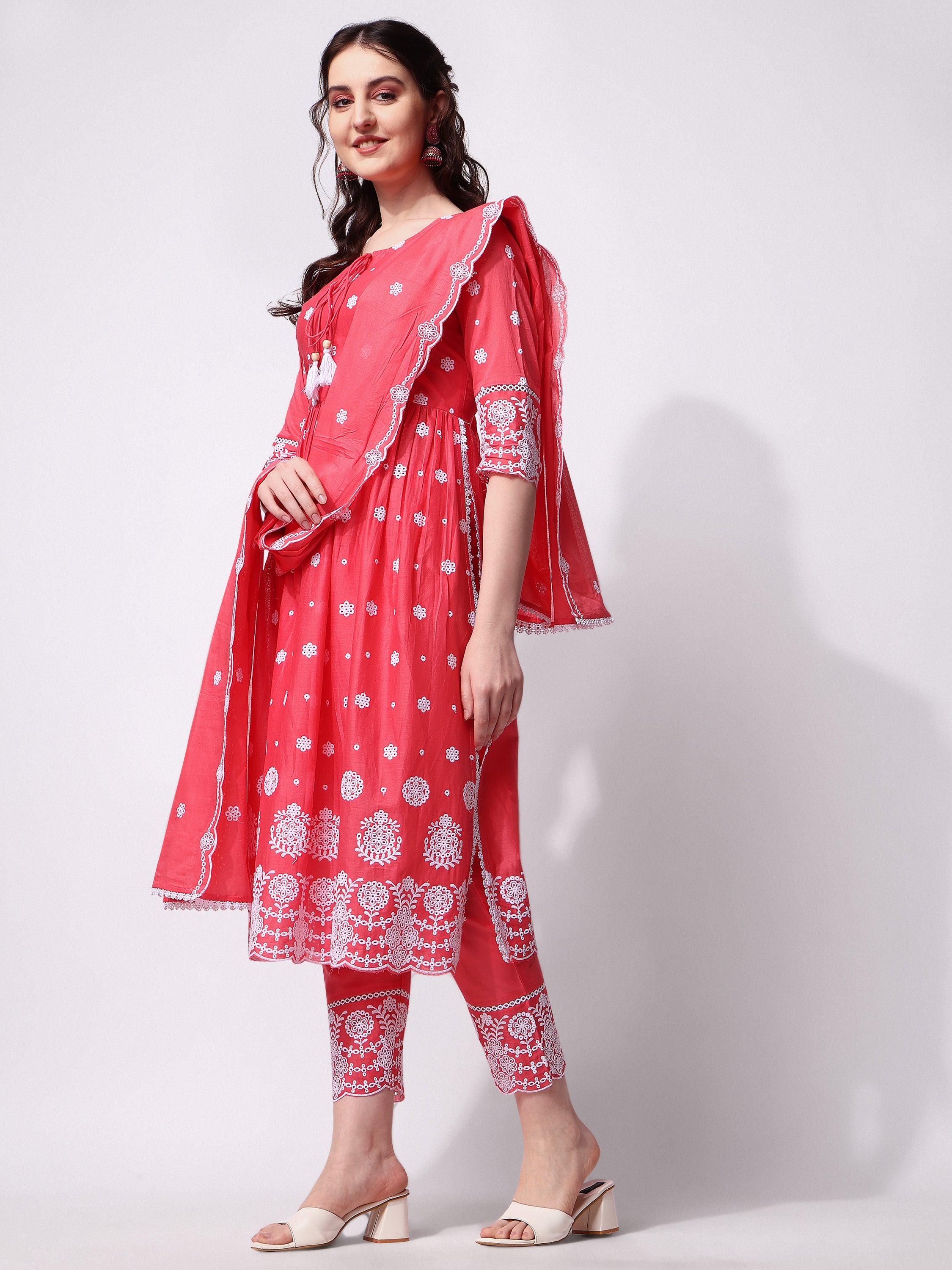 Nayra Cut Chikankari Embroidered  Kurta with Pant and Dupatta Set