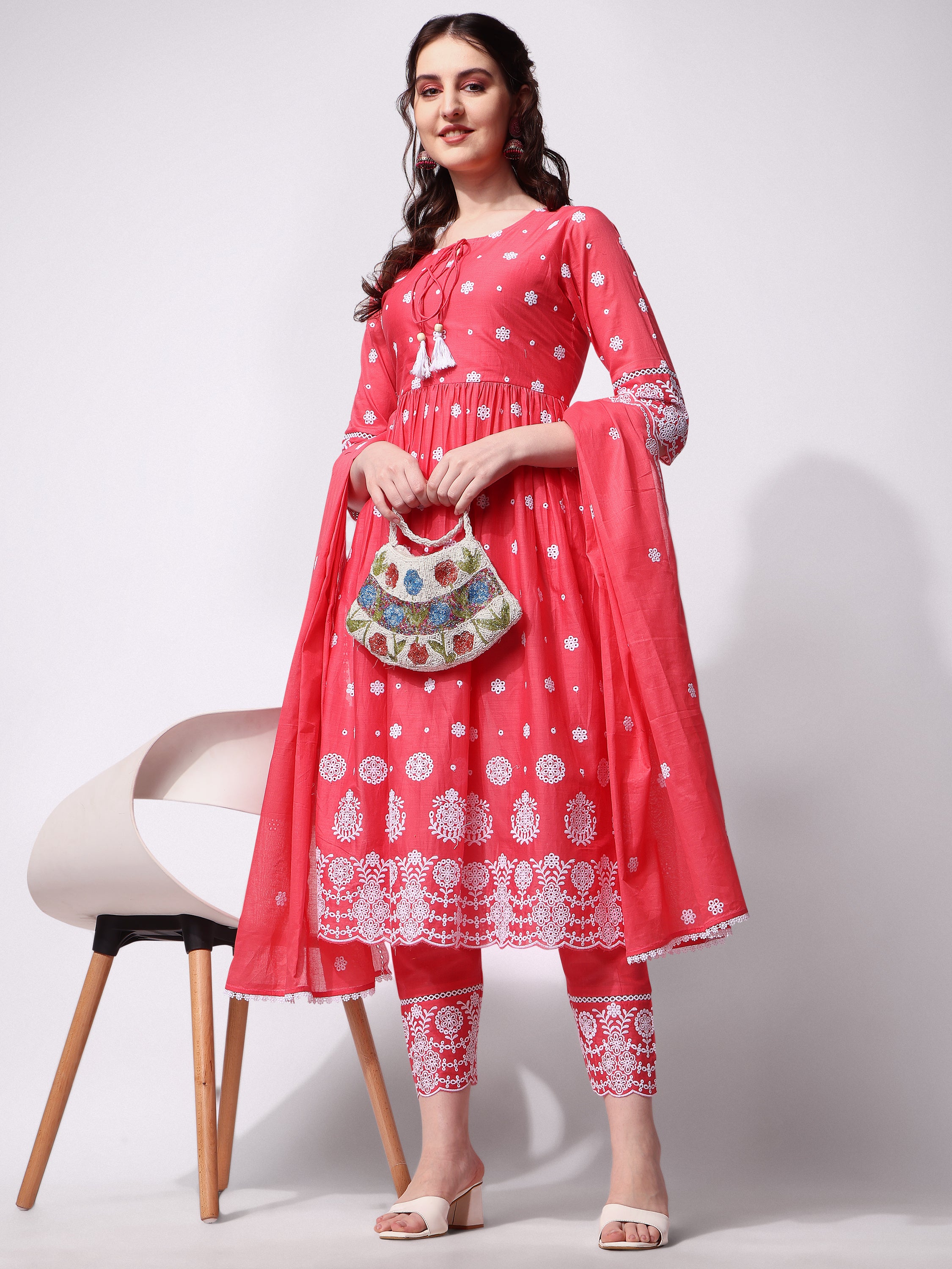 Nayra Cut Chikankari Embroidered  Kurta with Pant and Dupatta Set