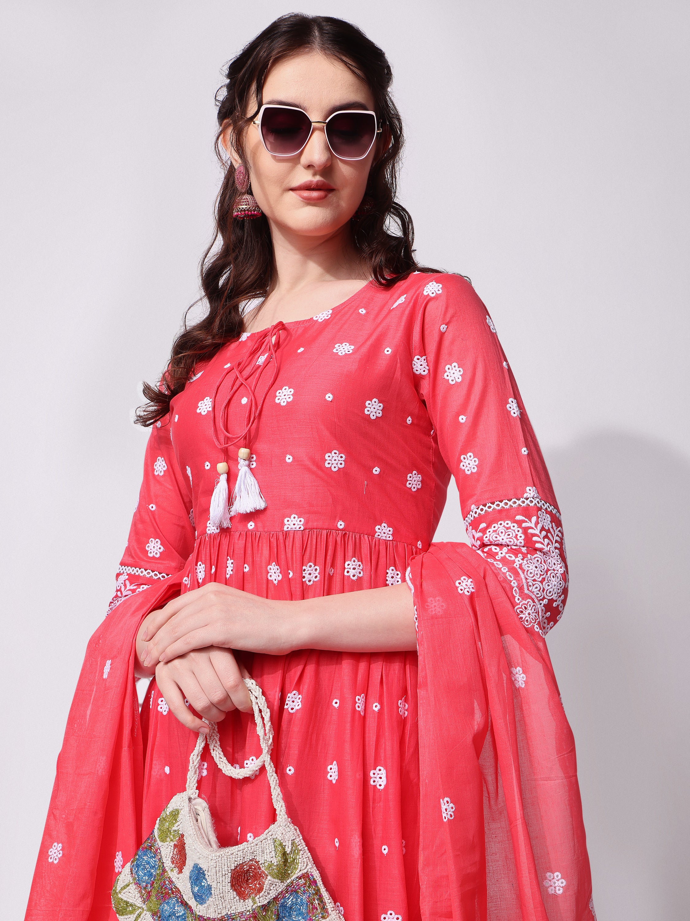 Nayra Cut Chikankari Embroidered  Kurta with Pant and Dupatta Set