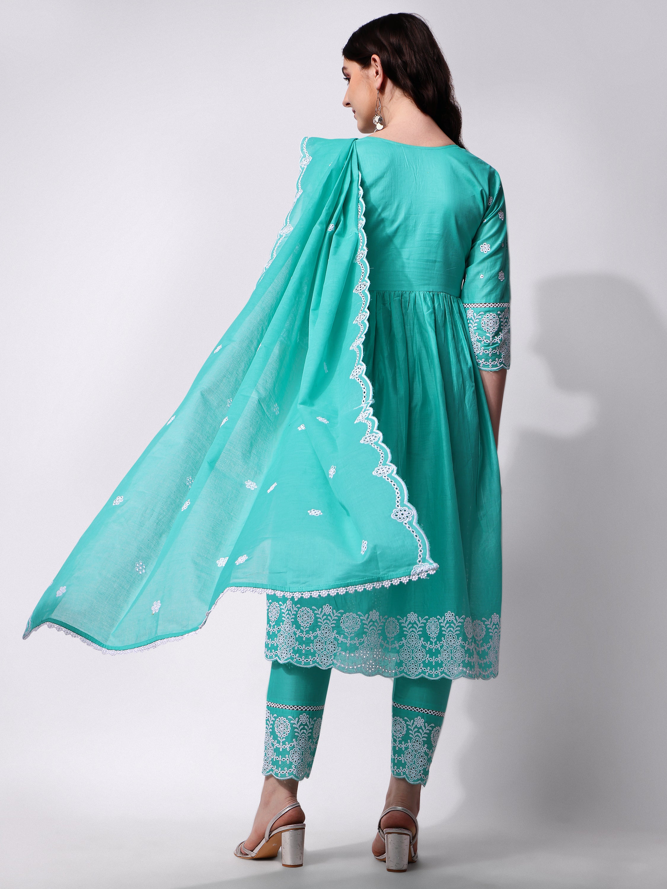 Nayra Cut Chikankari Embroidered  Kurta with Pant and Dupatta Set