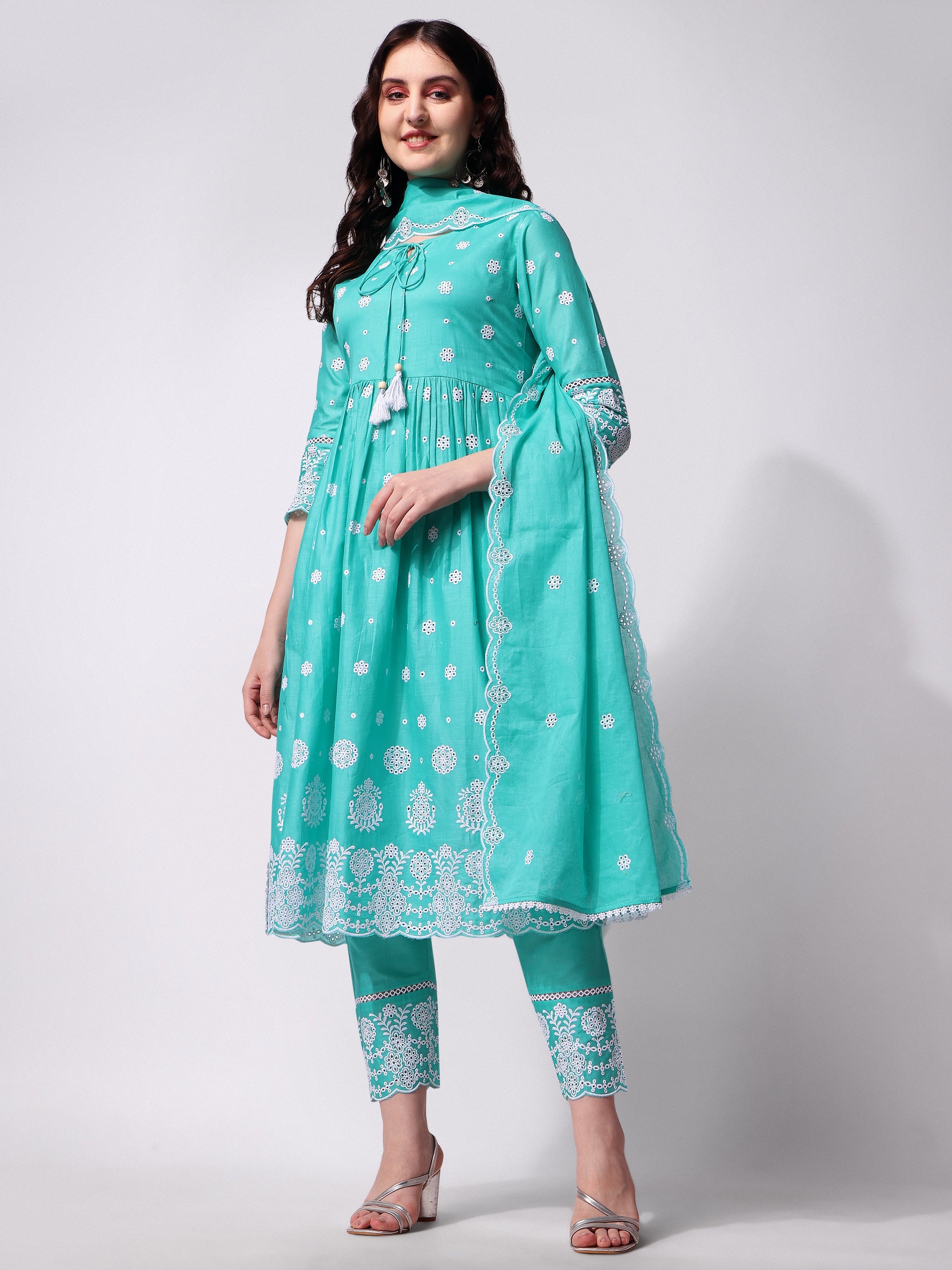 Nayra Cut Chikankari Embroidered  Kurta with Pant and Dupatta Set