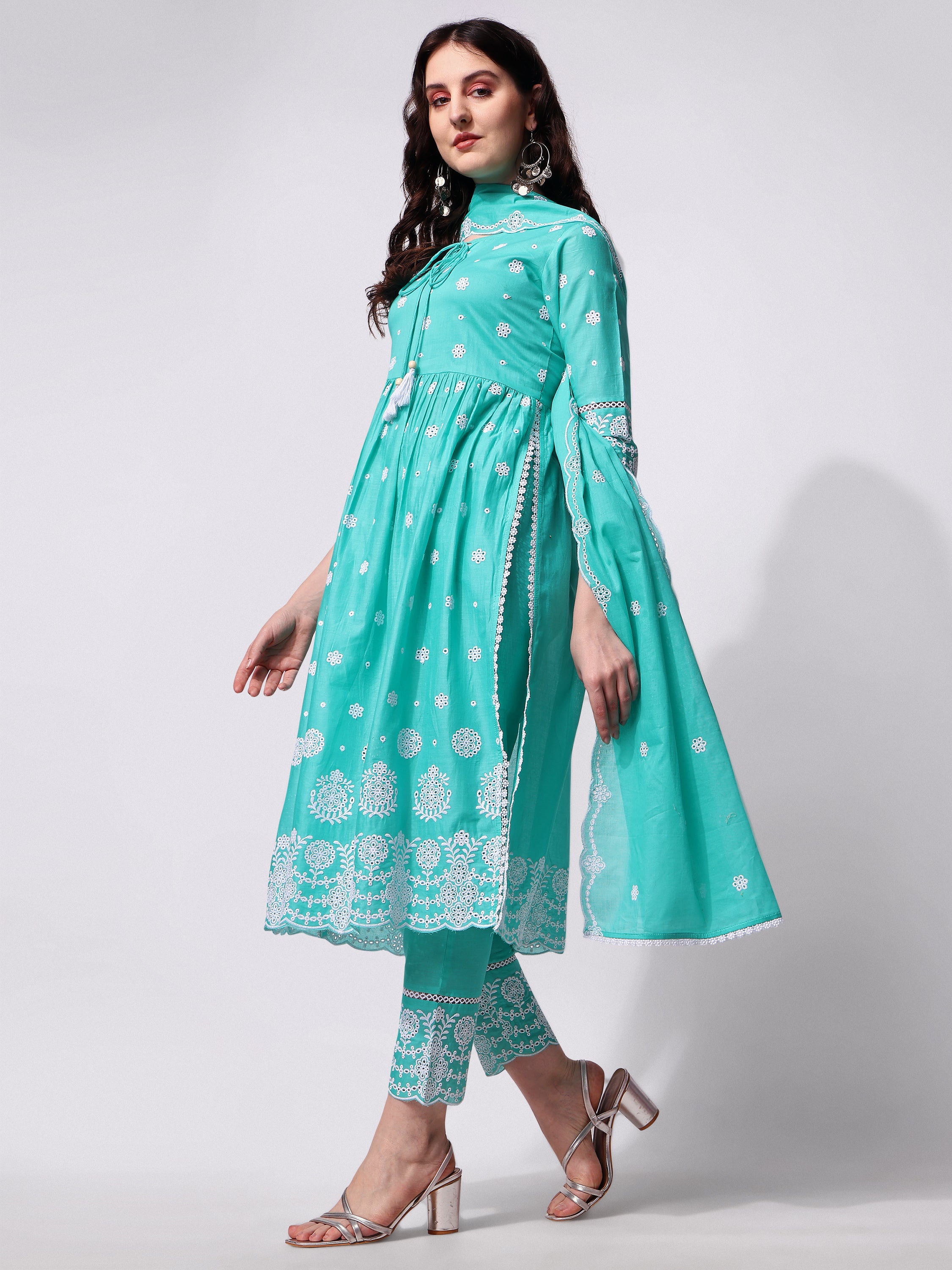 Nayra Cut Chikankari Embroidered  Kurta with Pant and Dupatta Set