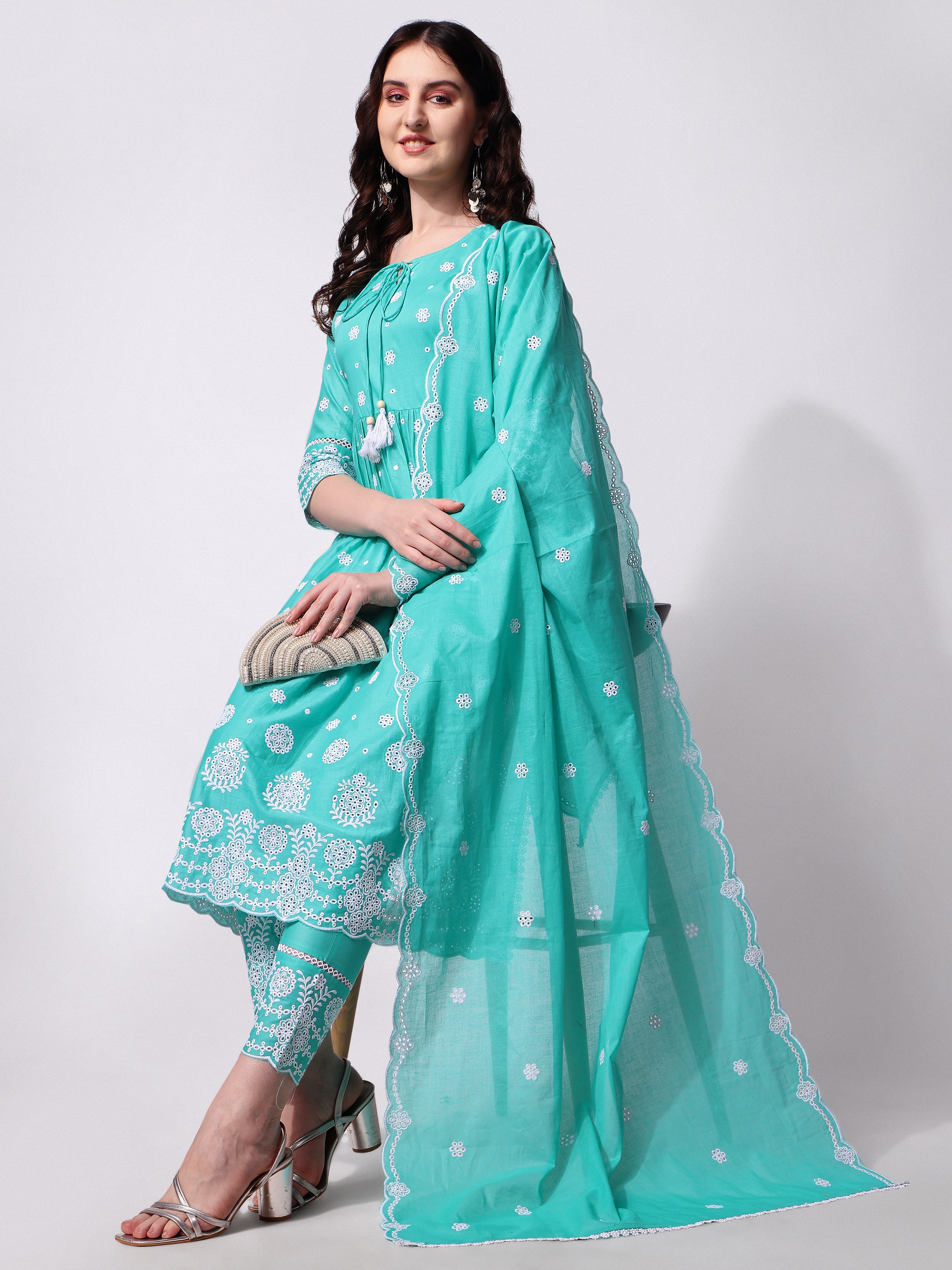 Nayra Cut Chikankari Embroidered  Kurta with Pant and Dupatta Set