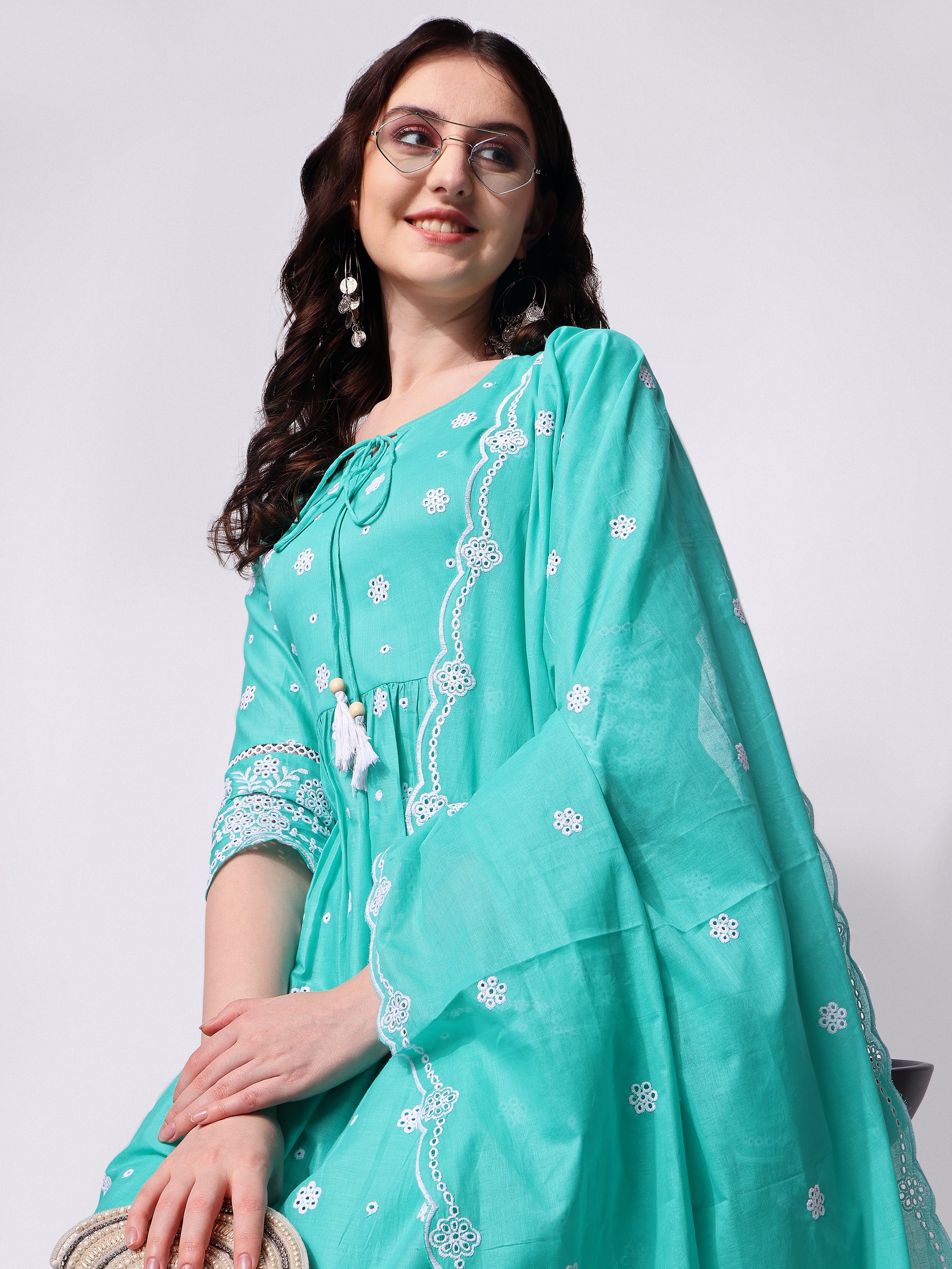 Nayra Cut Chikankari Embroidered  Kurta with Pant and Dupatta Set