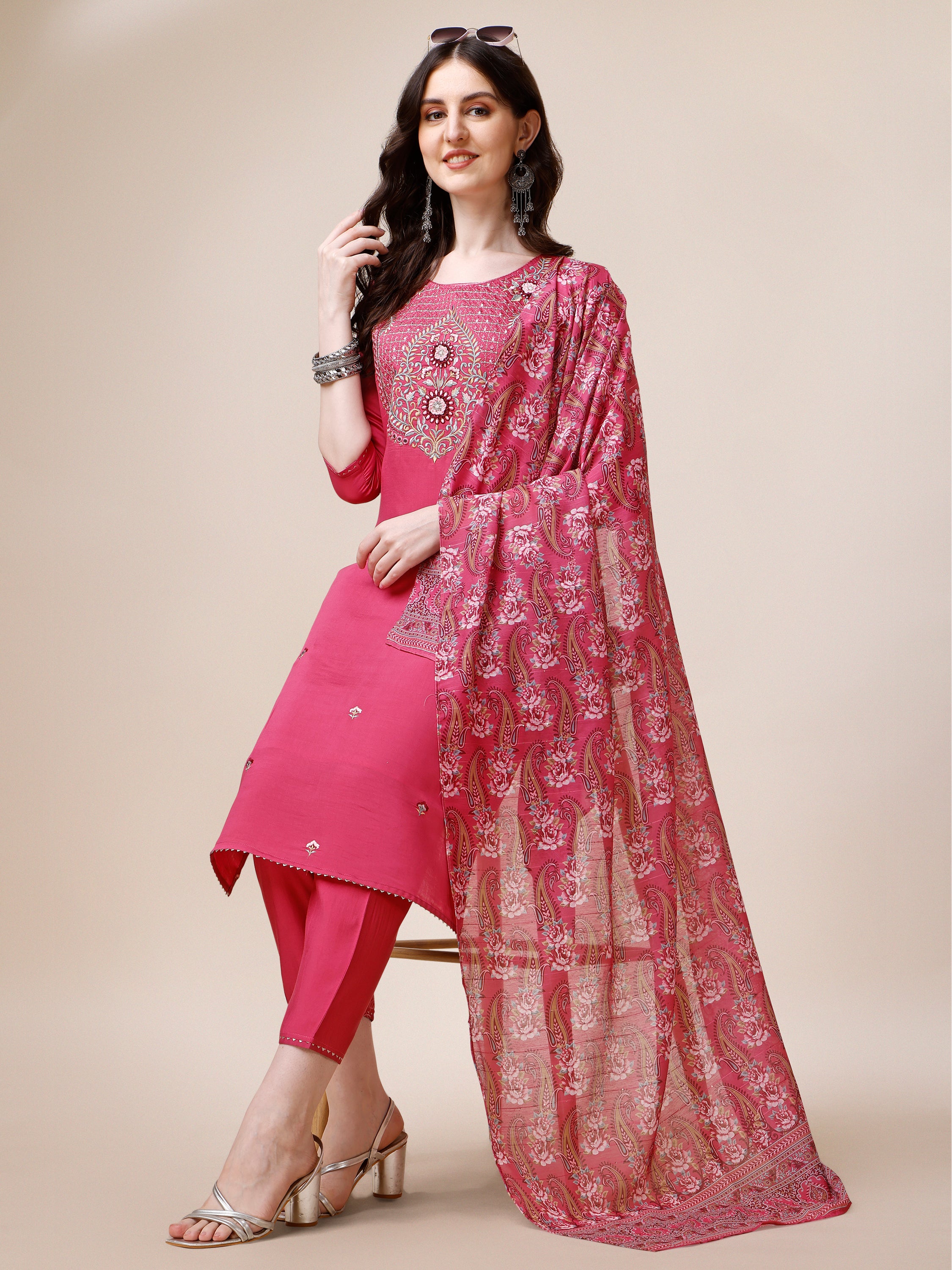 Embroidered Kurta with Pant and Dupatta Set