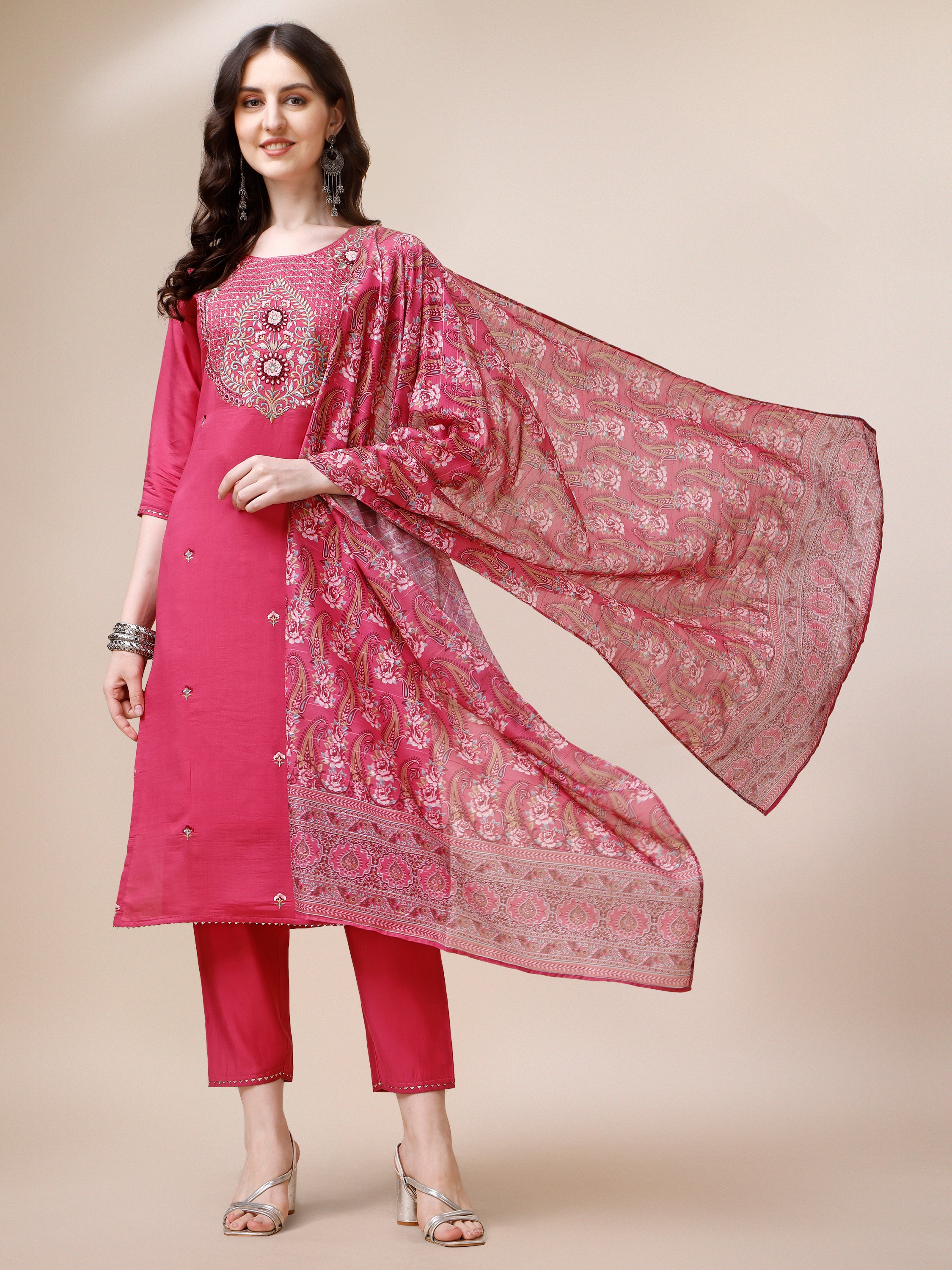 Embroidered Kurta with Pant and Dupatta Set