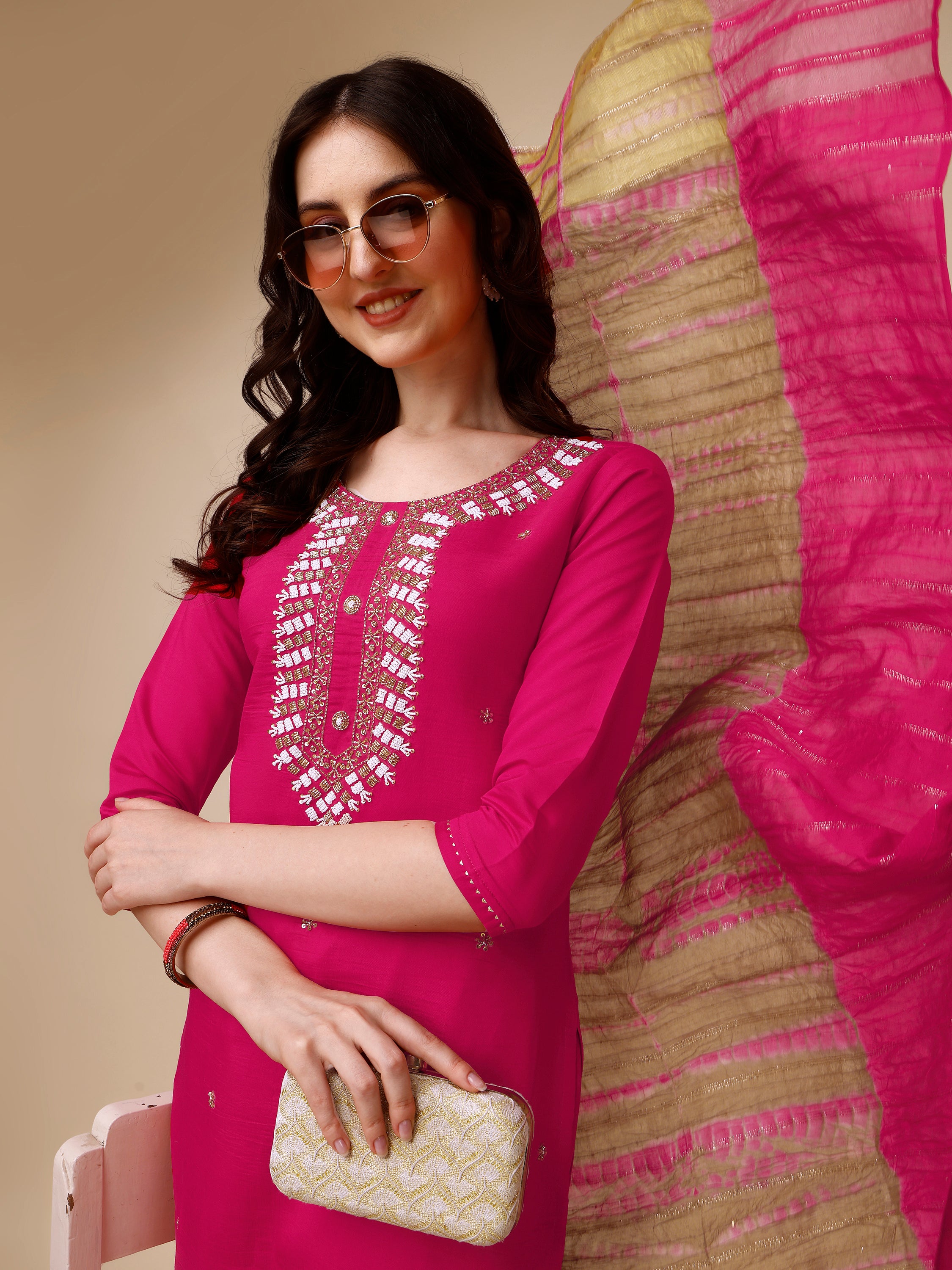 Hand Embroidered Kurta with Pant and Dupatta Set