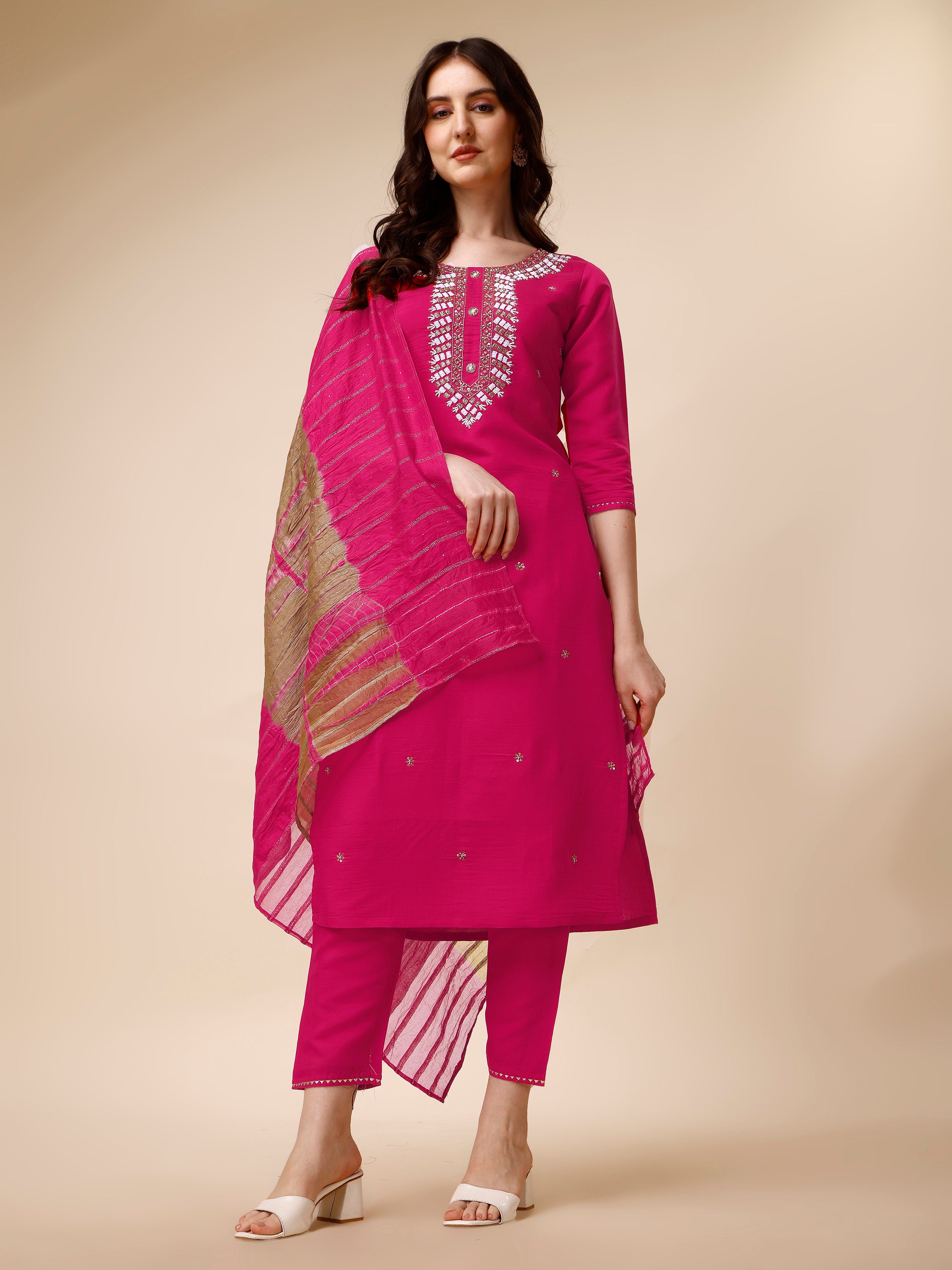 Hand Embroidered Kurta with Pant and Dupatta Set