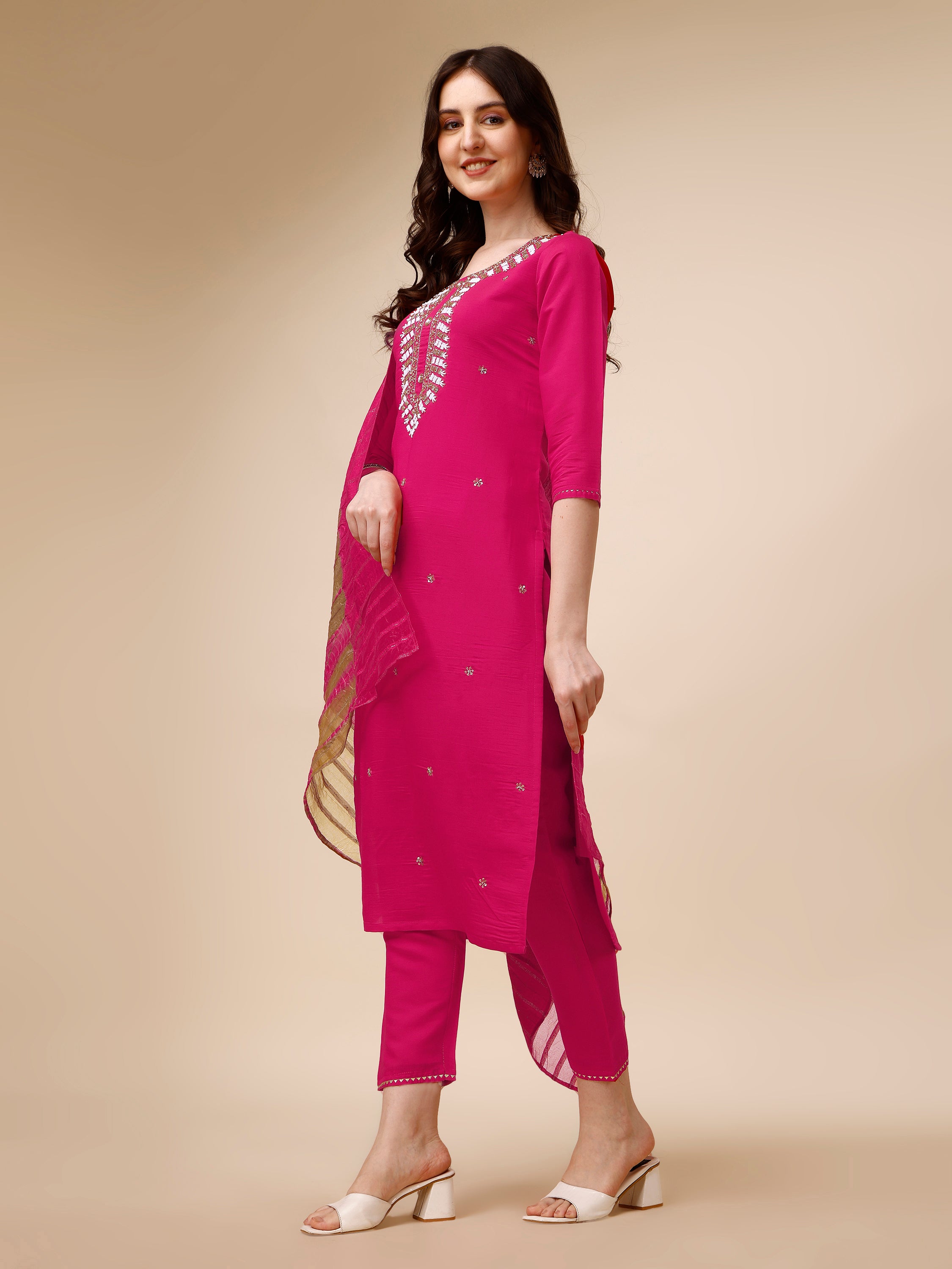 Hand Embroidered Kurta with Pant and Dupatta Set