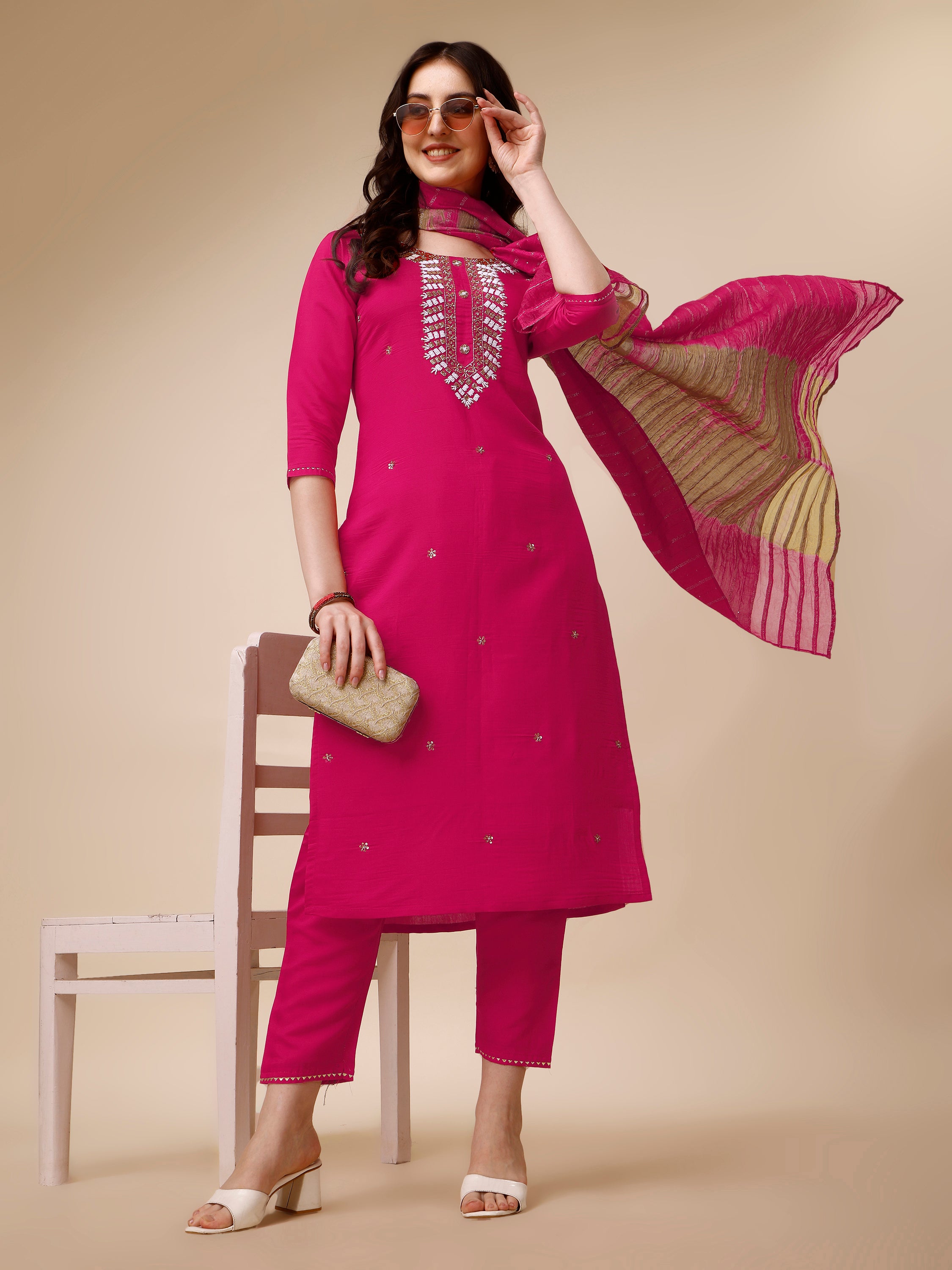 Hand Embroidered Kurta with Pant and Dupatta Set