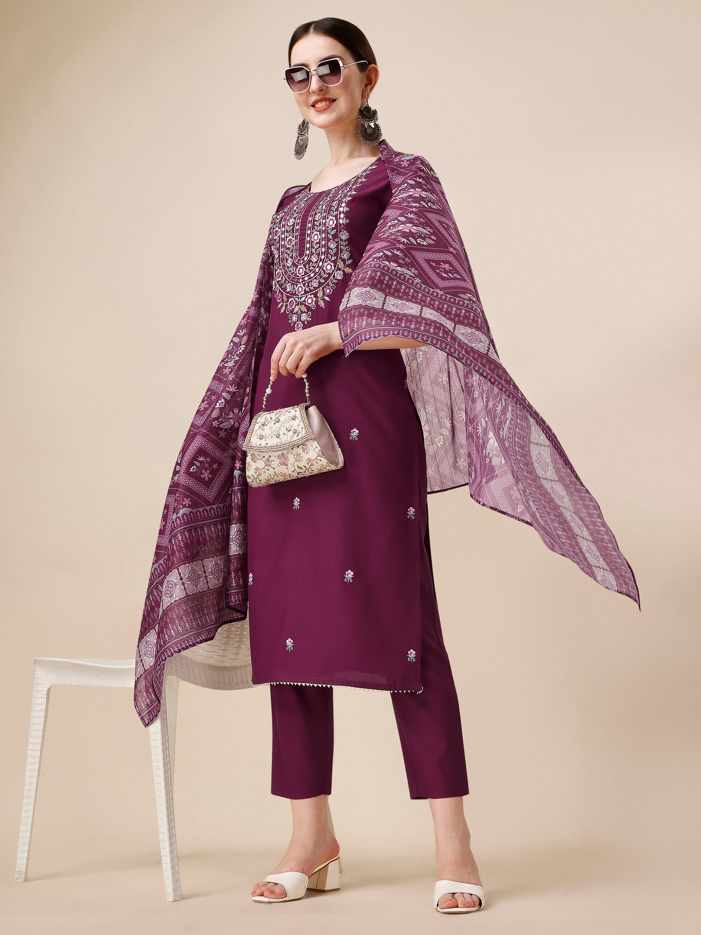 Embroidered Kurta with Pant & Printed Dupatta