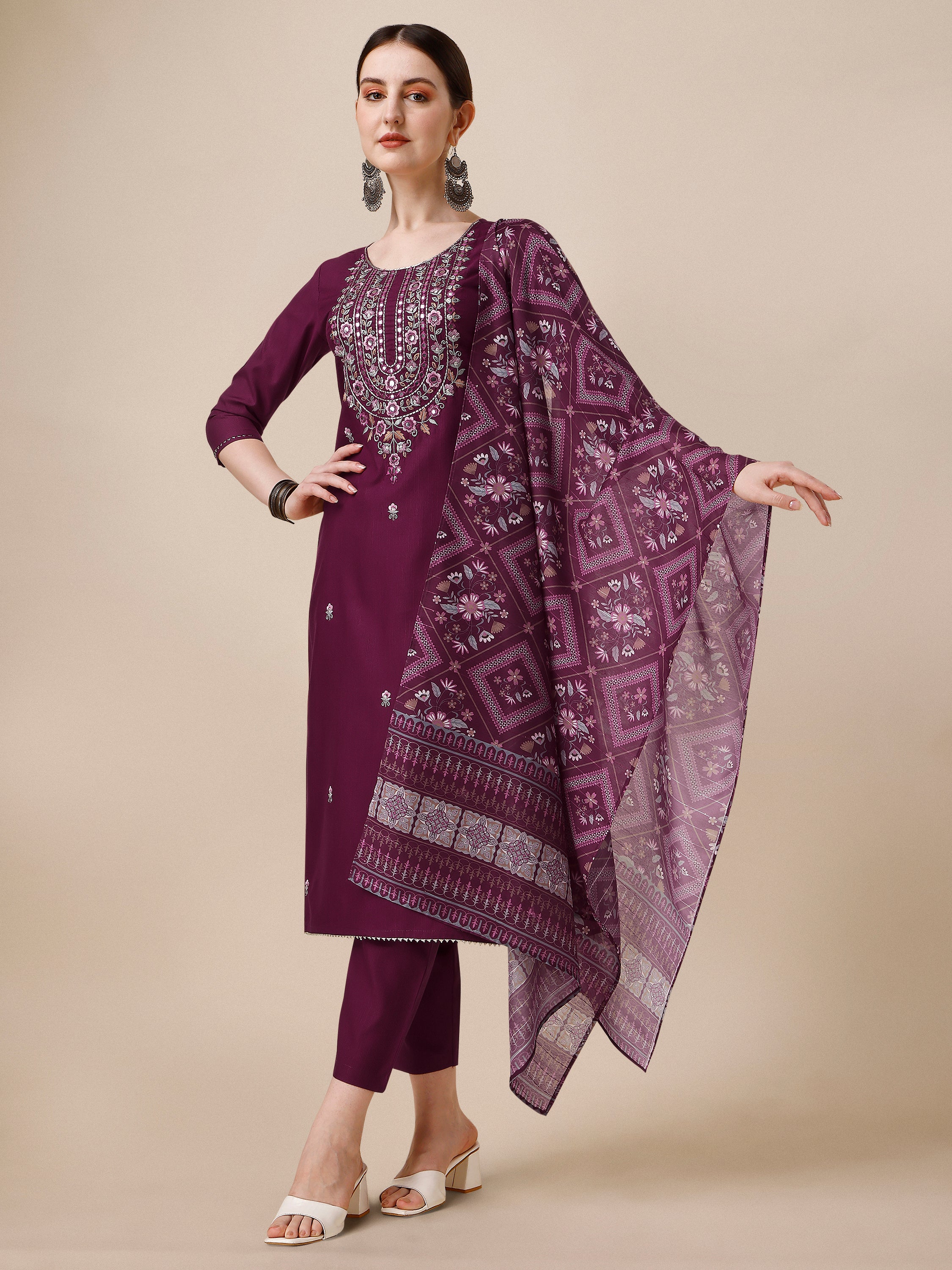 Embroidered Kurta with Pant & Printed Dupatta