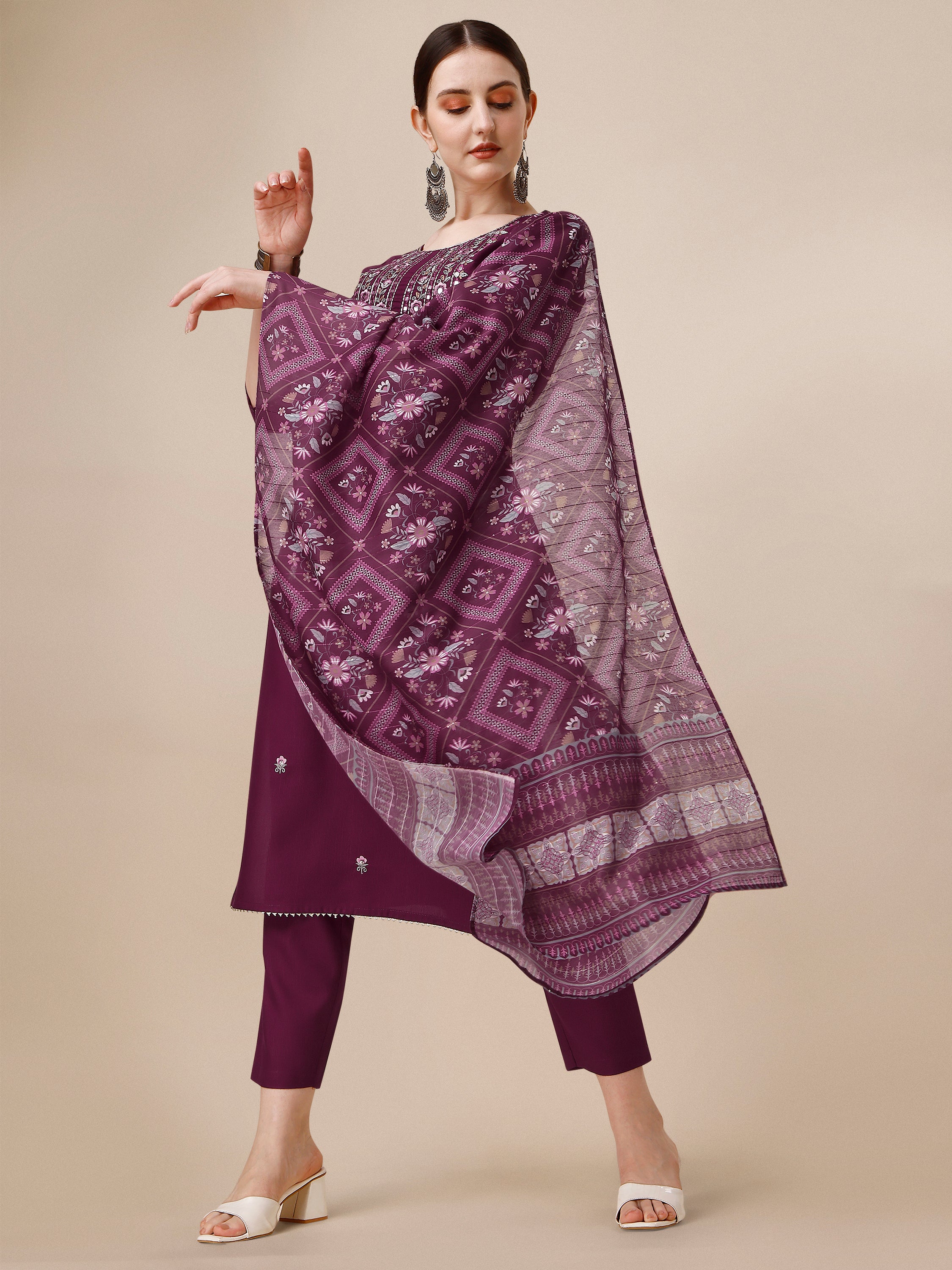 Embroidered Kurta with Pant & Printed Dupatta