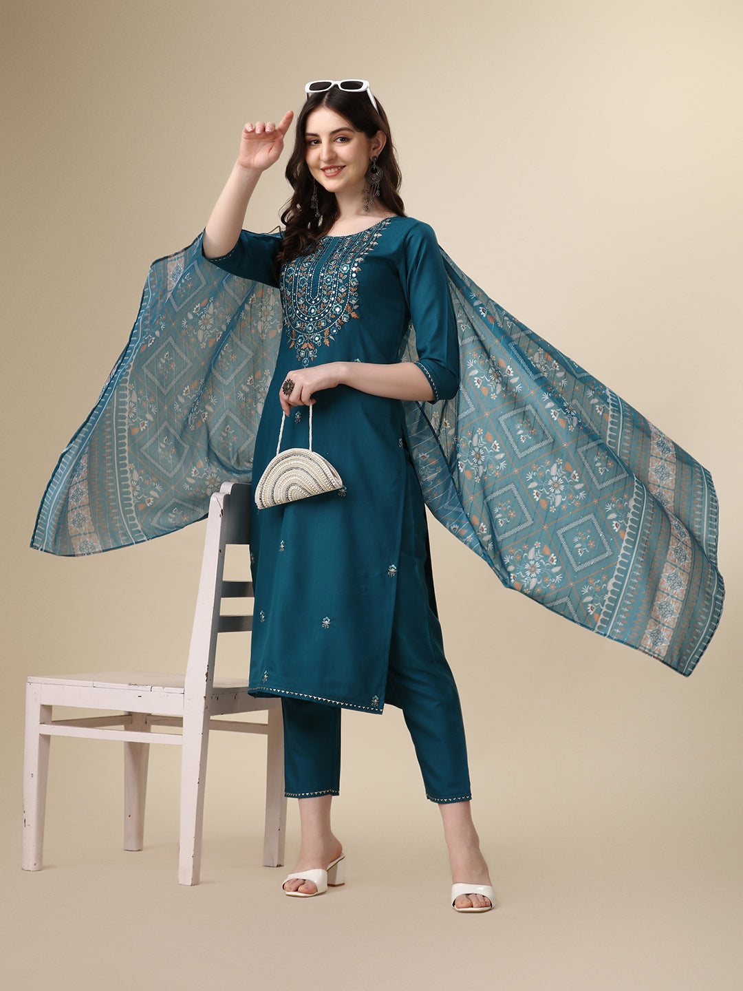 Embroidered Kurta with Pant and Printed Dupatta Set