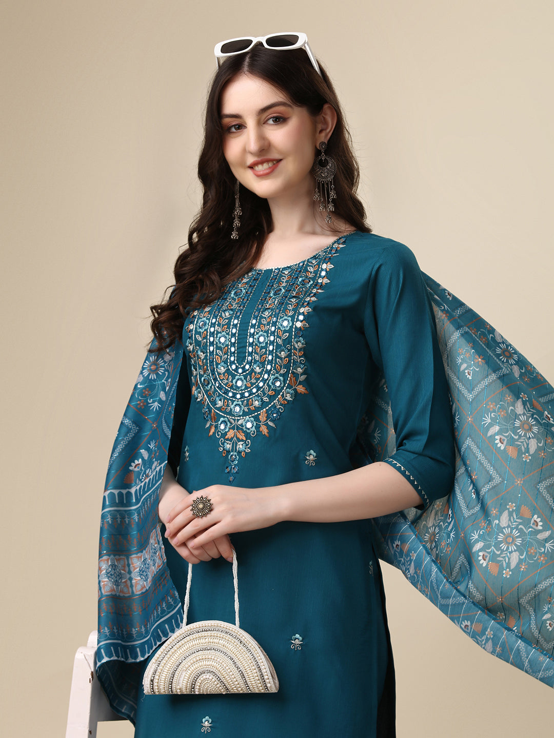 Embroidered Kurta with Pant and Printed Dupatta Set