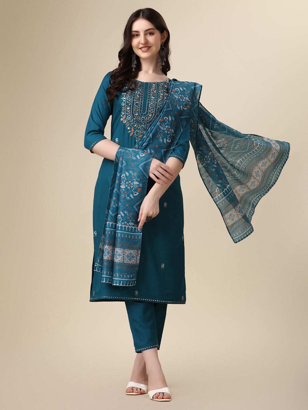 Embroidered Kurta with Pant and Printed Dupatta Set