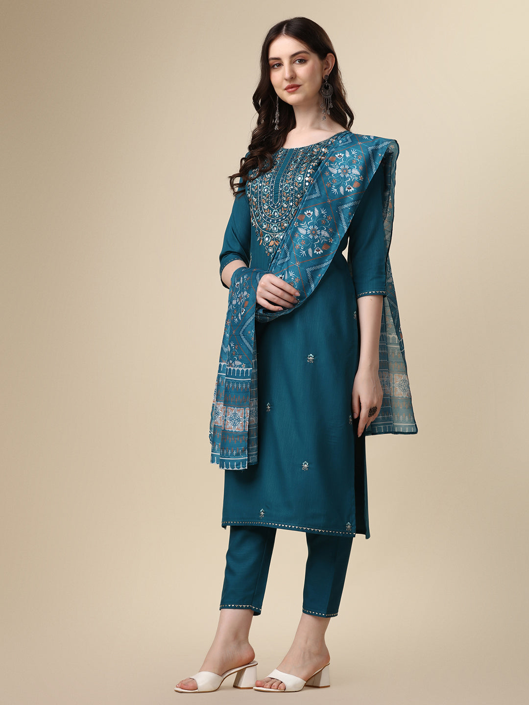 Embroidered Kurta with Pant and Printed Dupatta Set