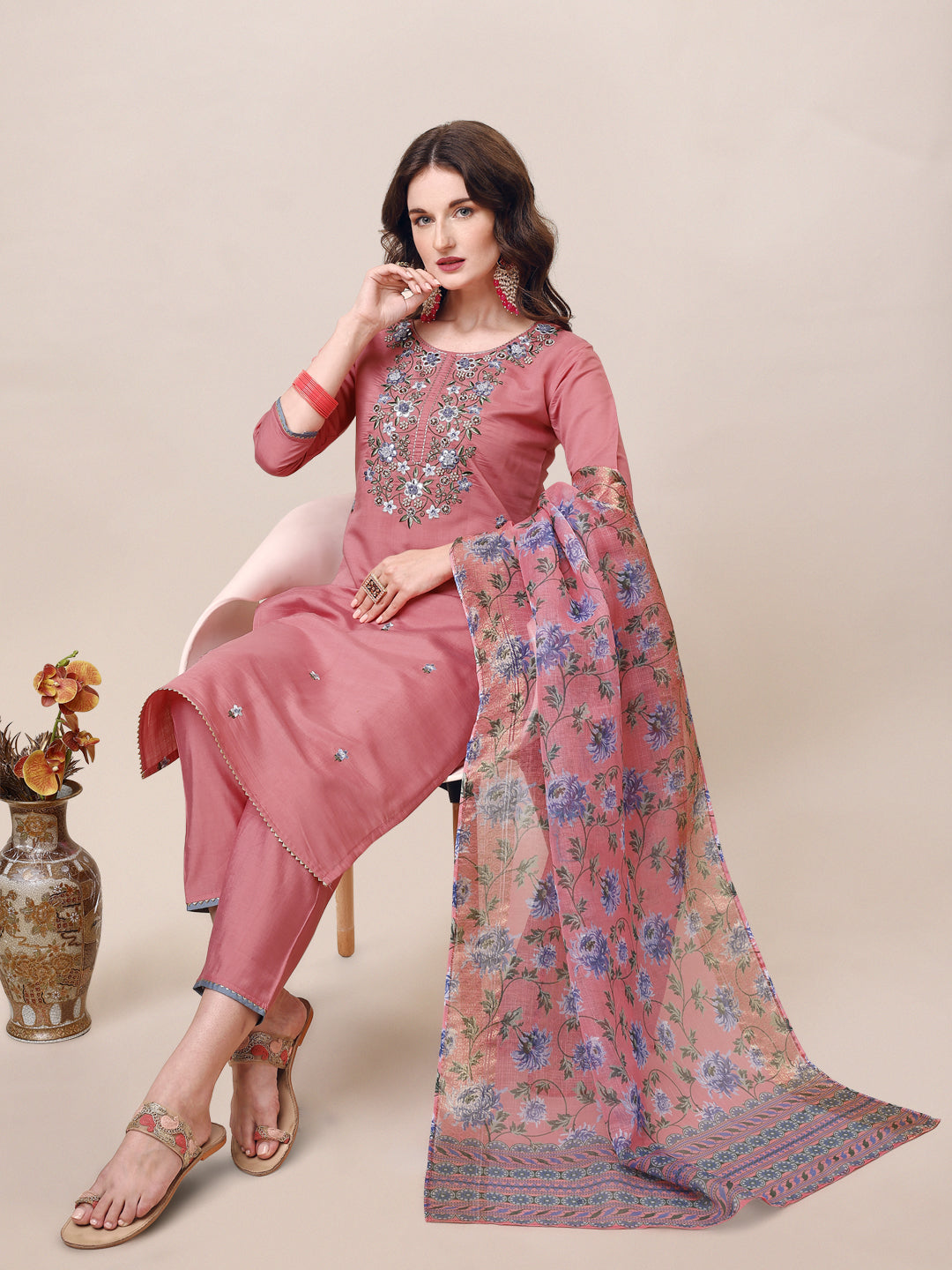 Embroidered Kurta with Pant & Printed Dupatta Set