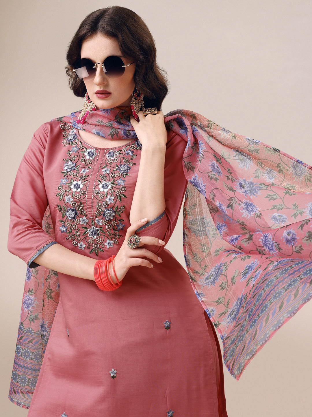 Embroidered Kurta with Pant & Printed Dupatta Set