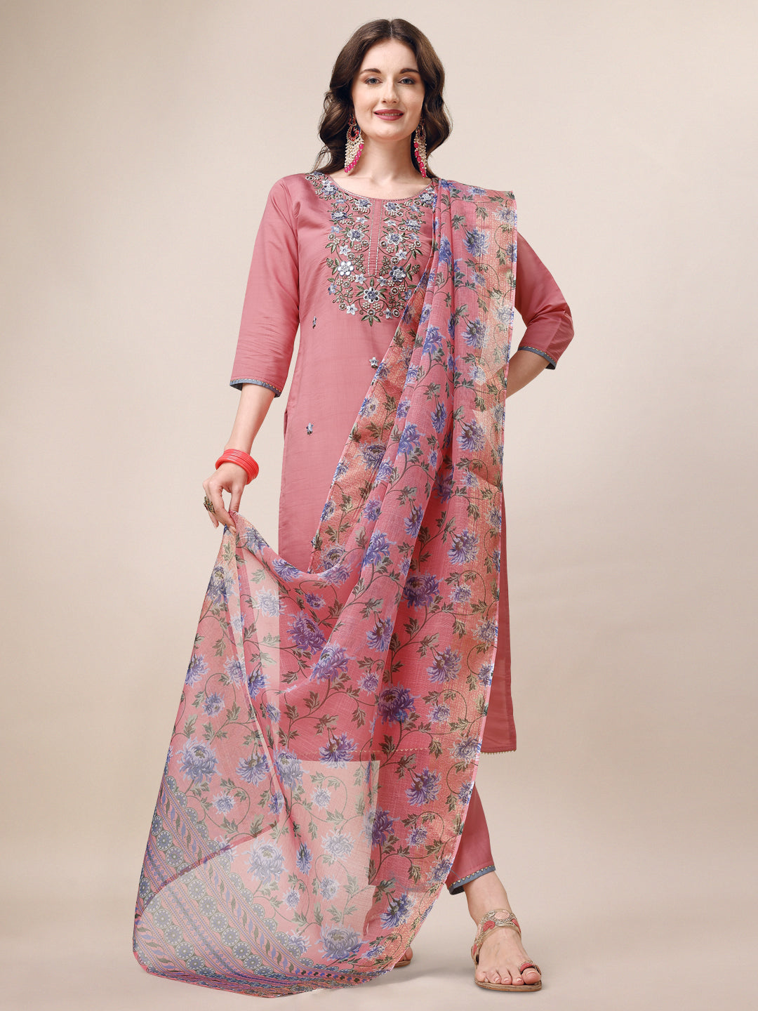 Embroidered Kurta with Pant & Printed Dupatta Set