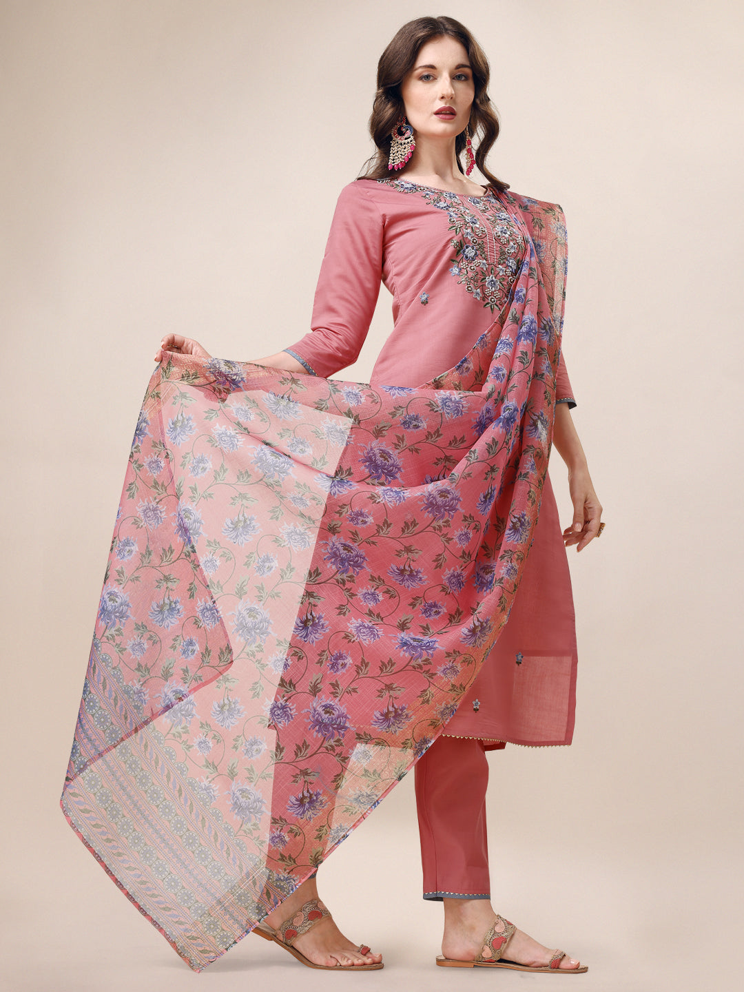 Embroidered Kurta with Pant & Printed Dupatta Set