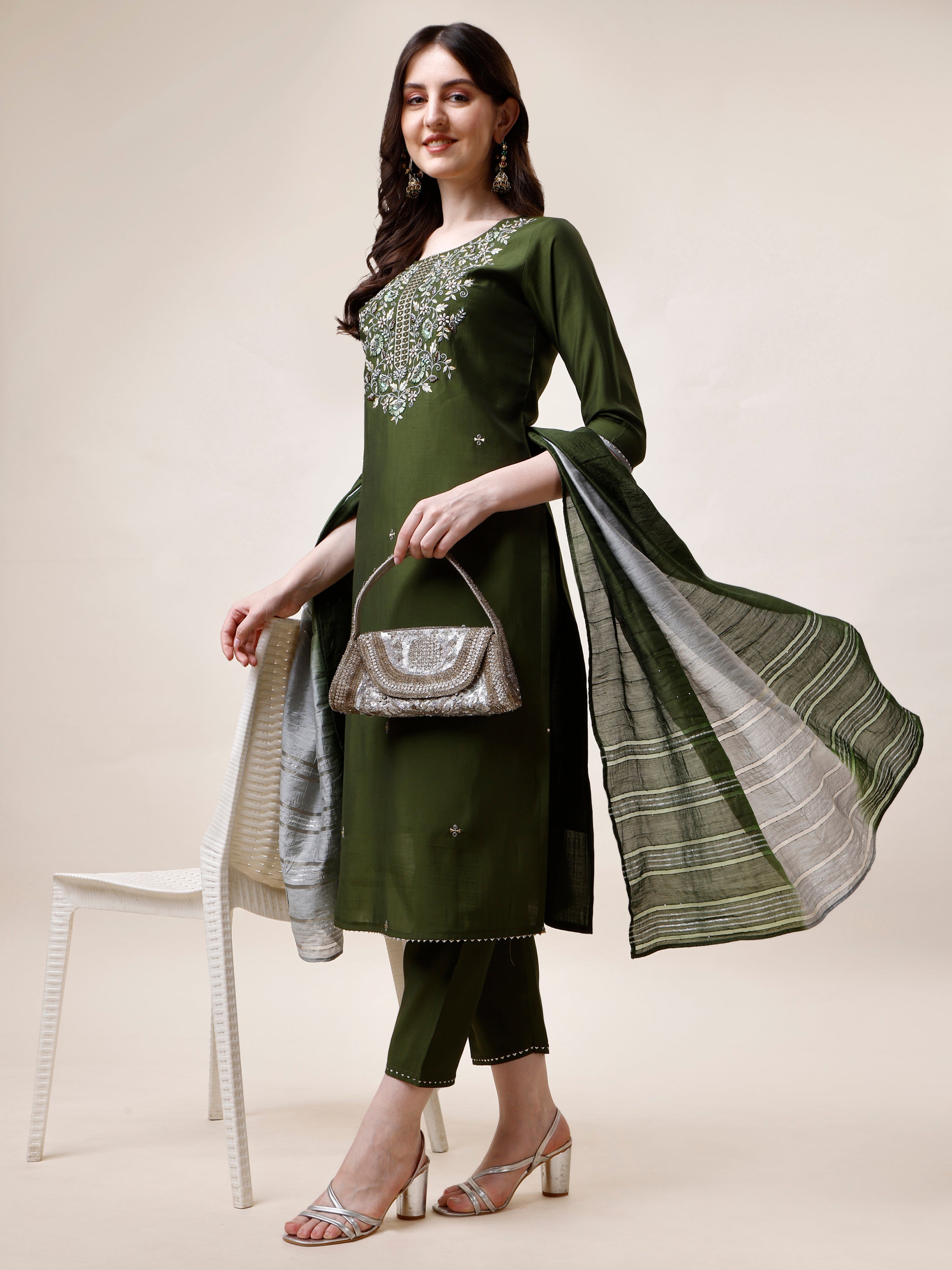 Hand Embroidered Kurta with Pant and Dupatta Set