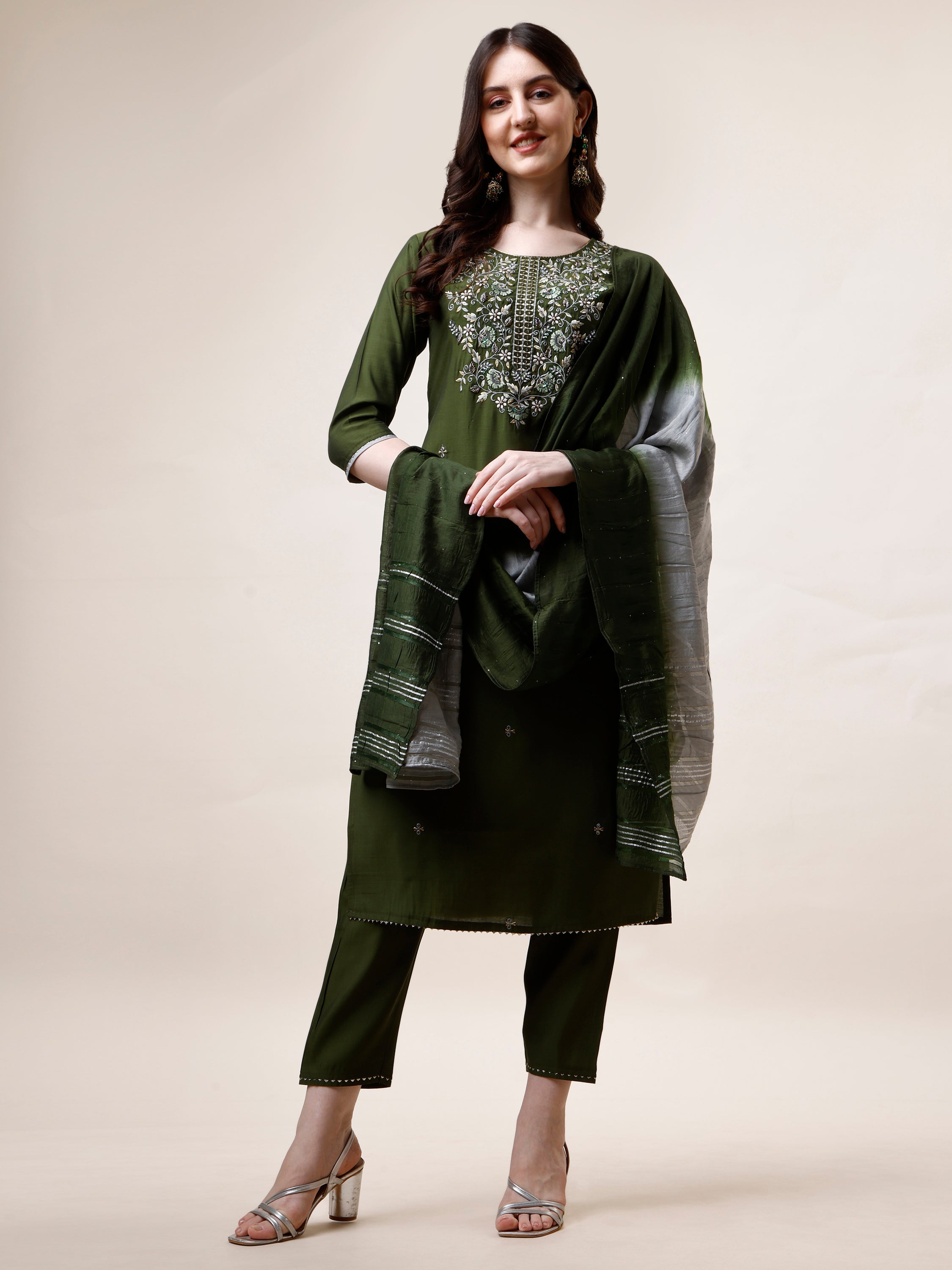 Hand Embroidered Kurta with Pant and Dupatta Set