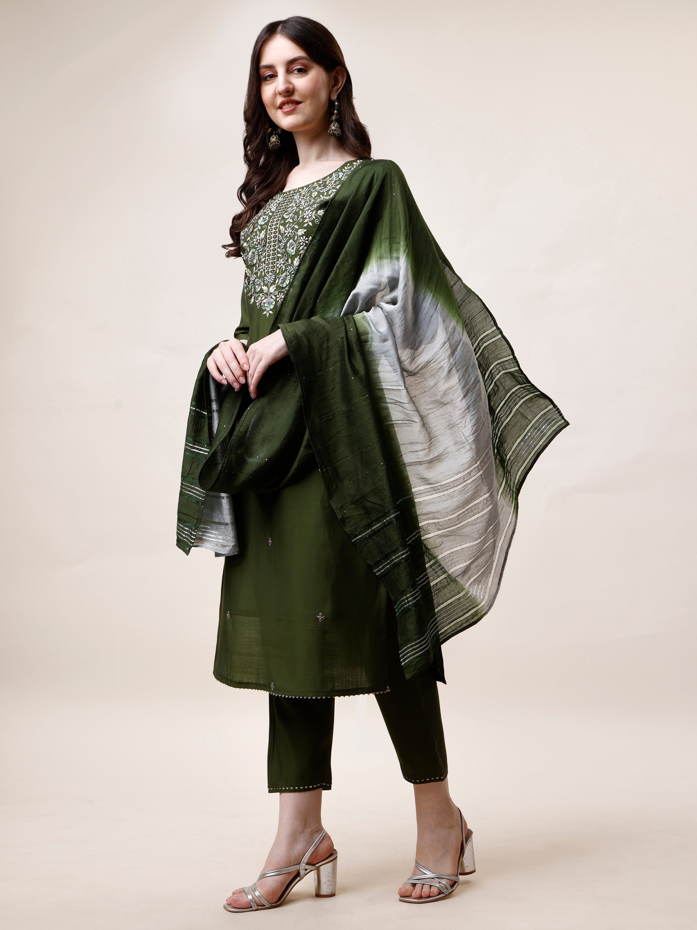 Hand Embroidered Kurta with Pant and Dupatta Set