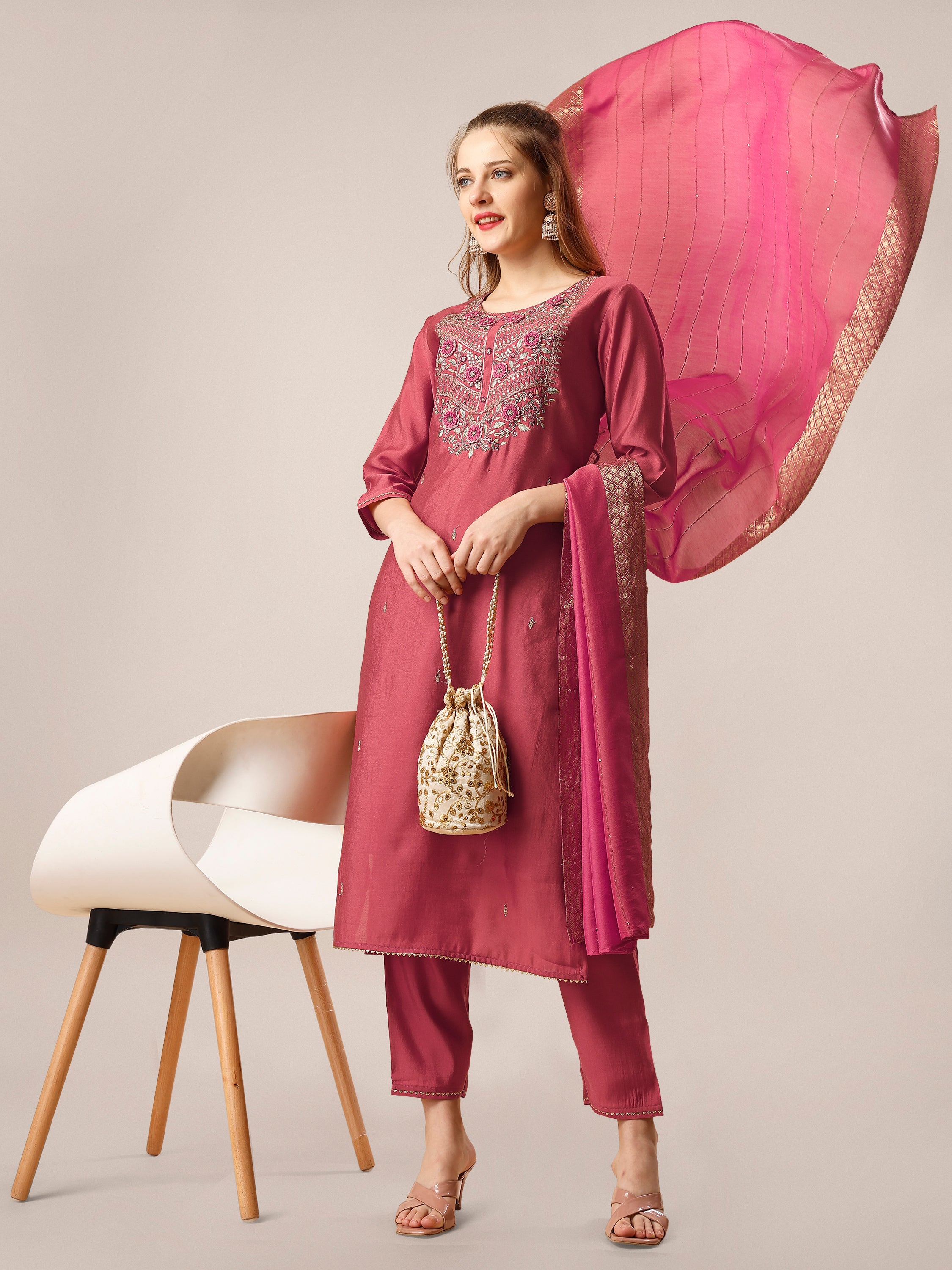 Hand Embroidered Kurta with Pant and Dupatta Set