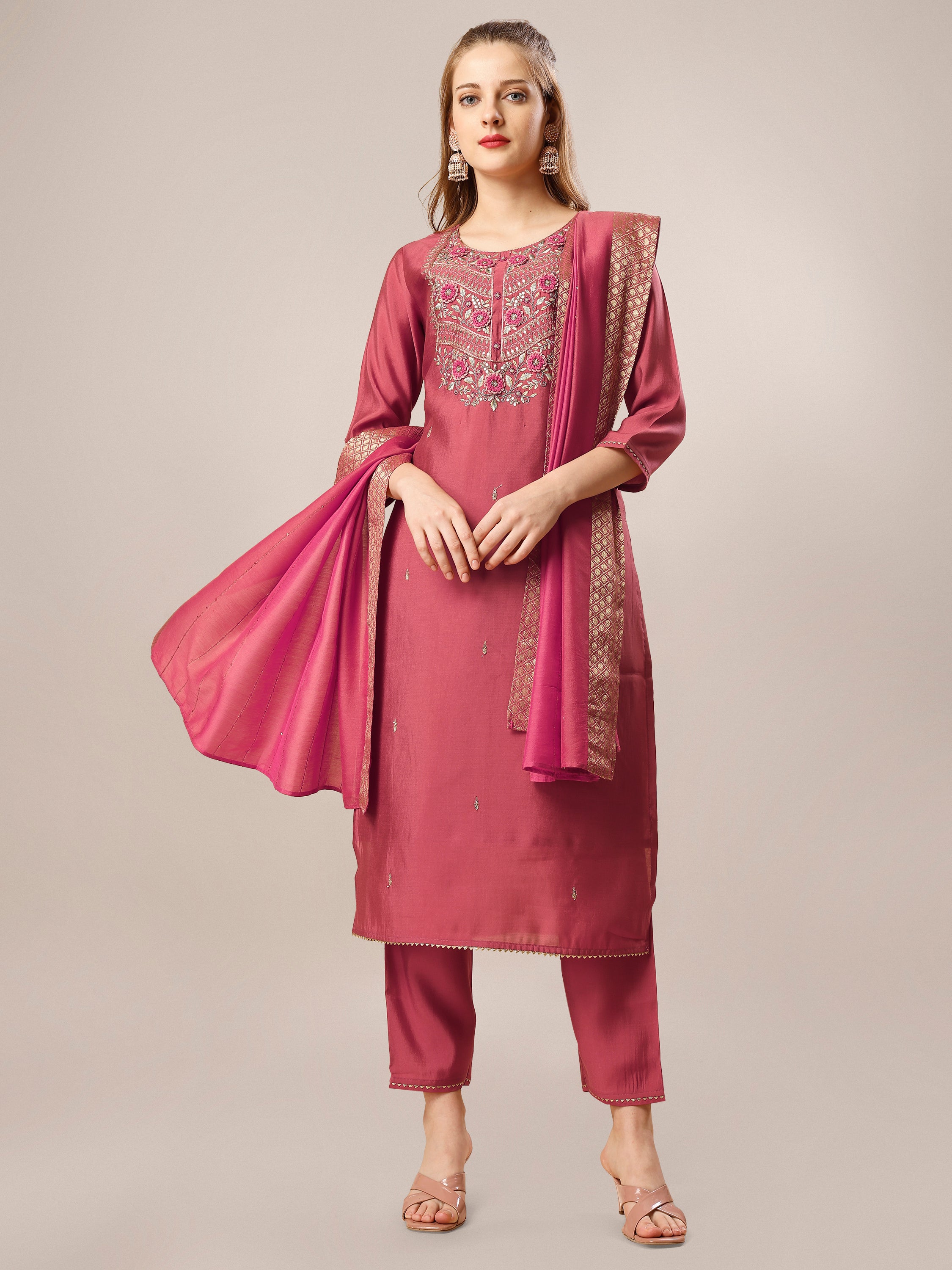 Hand Embroidered Kurta with Pant and Dupatta Set