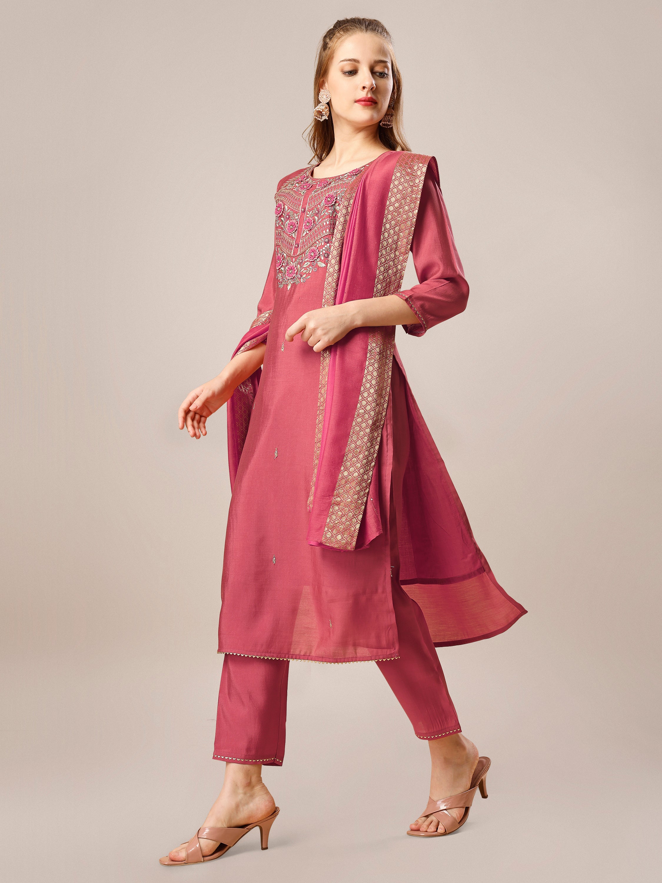 Hand Embroidered Kurta with Pant and Dupatta Set