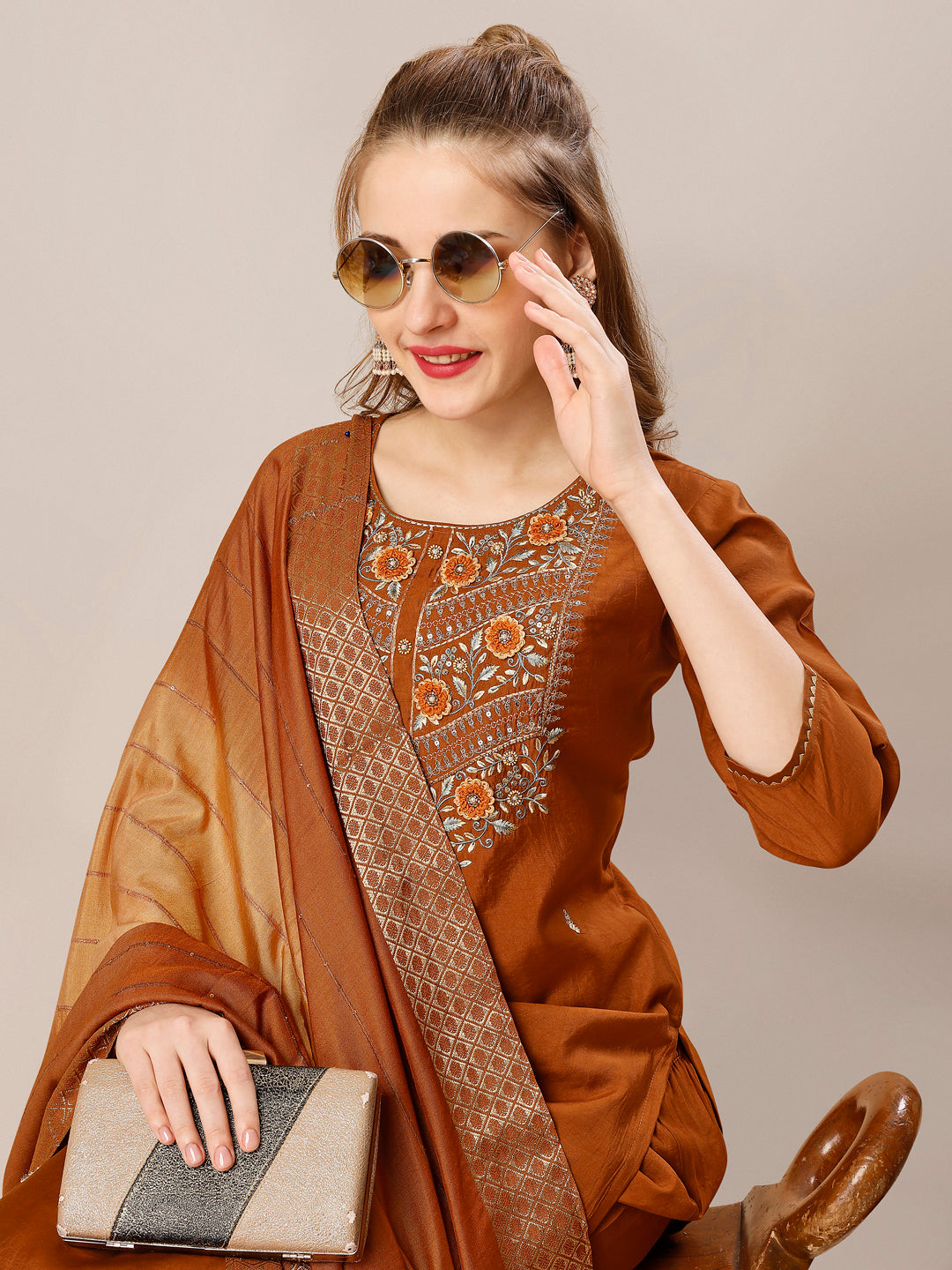 Hand Embroidered Kurta with Pant and Dupatta set