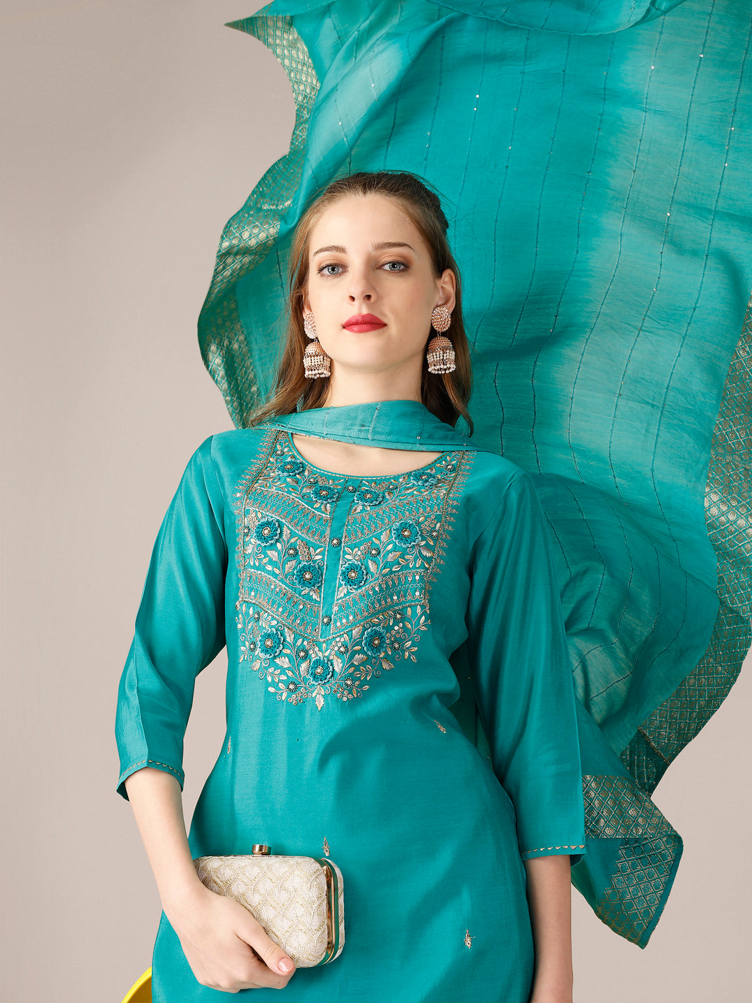 Hand Embroidered Kurta with Pant and Dupatta set