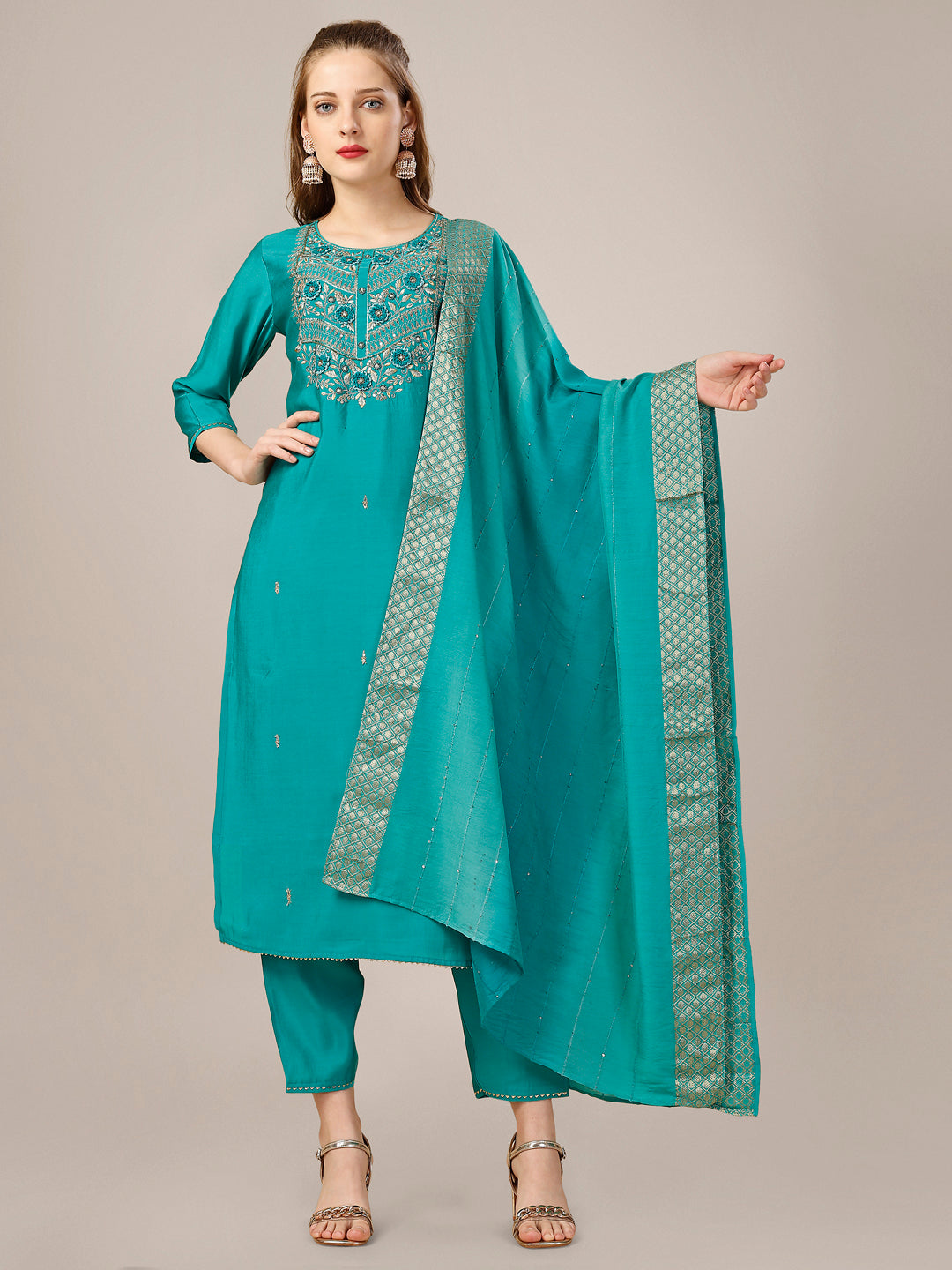 Hand Embroidered Kurta with Pant and Dupatta set