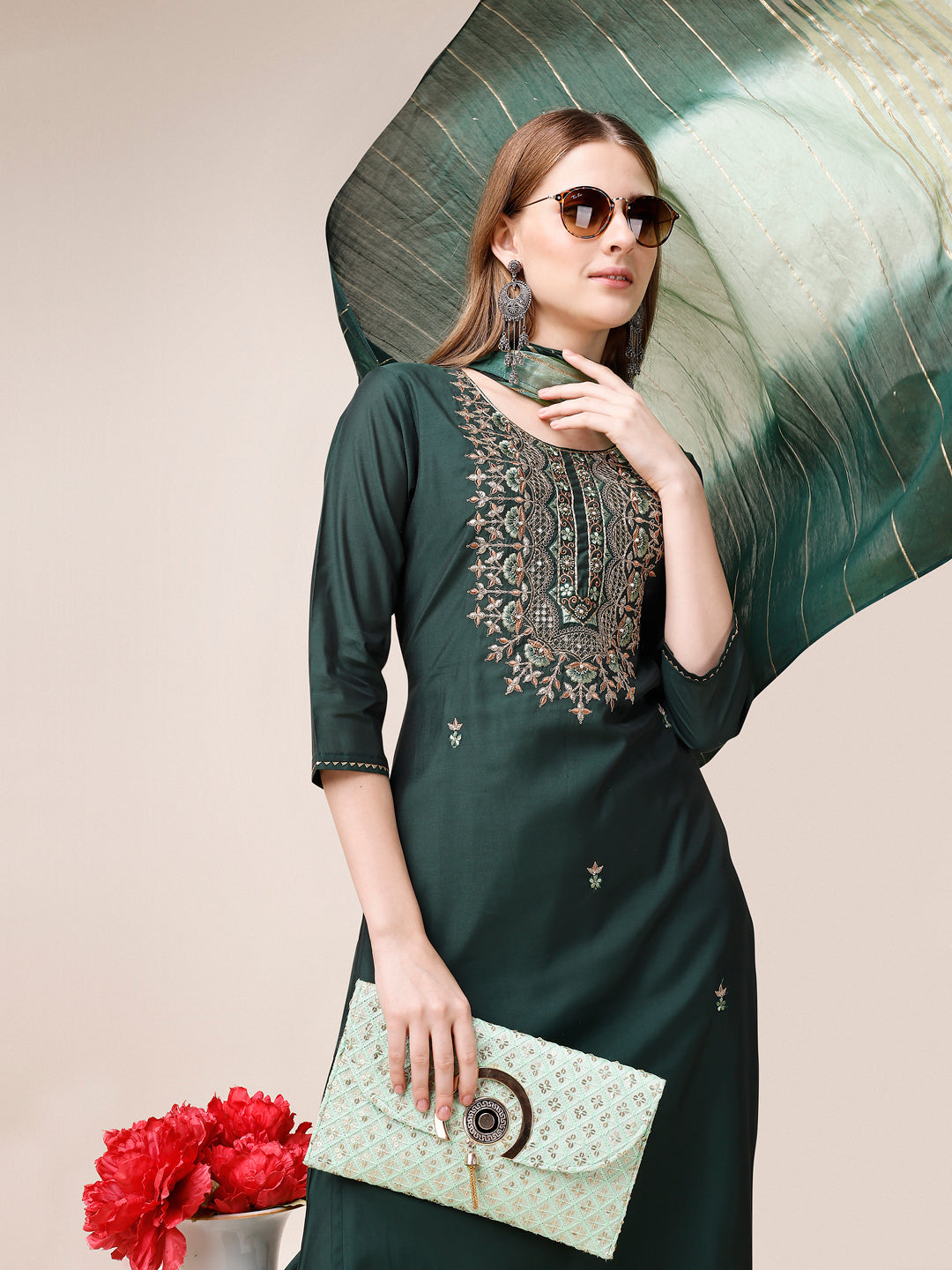 Embroidered Kurta with Pant and Dupatta Set