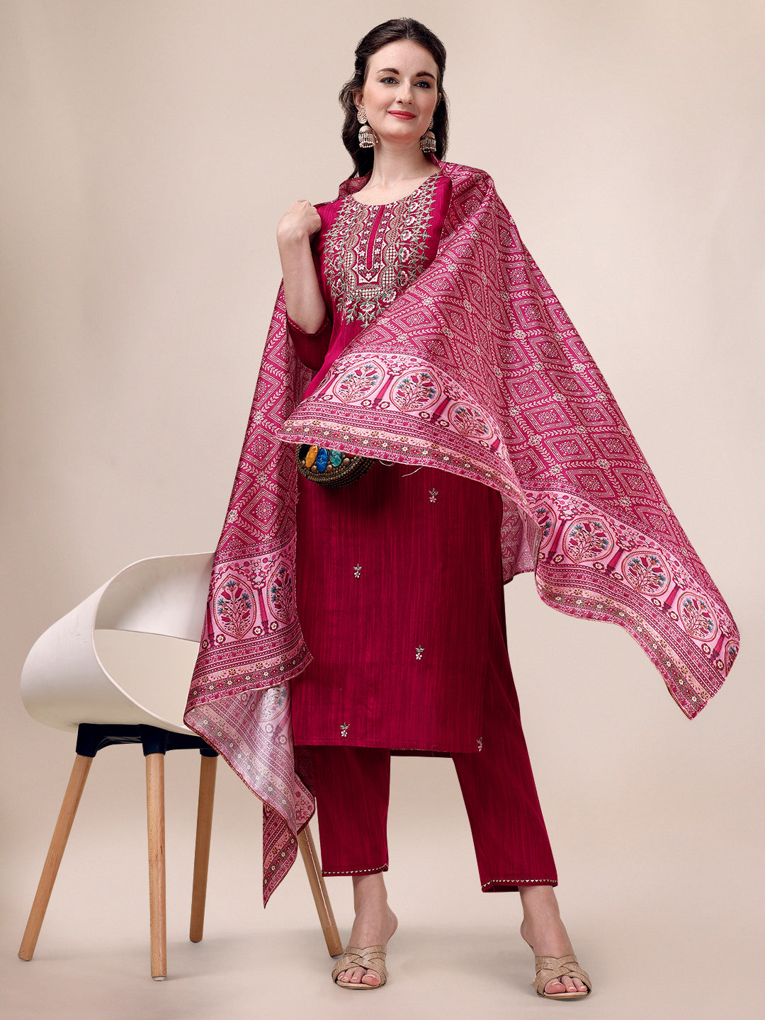 Embroidered Silk Blend Kurta with pant & Printed dupatta