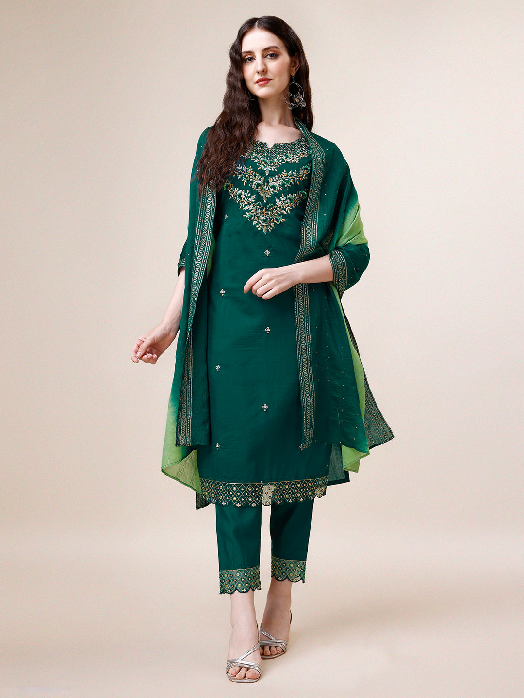 Hand Embroidered Chanderi Kurta with pant and dupatta Set Premium