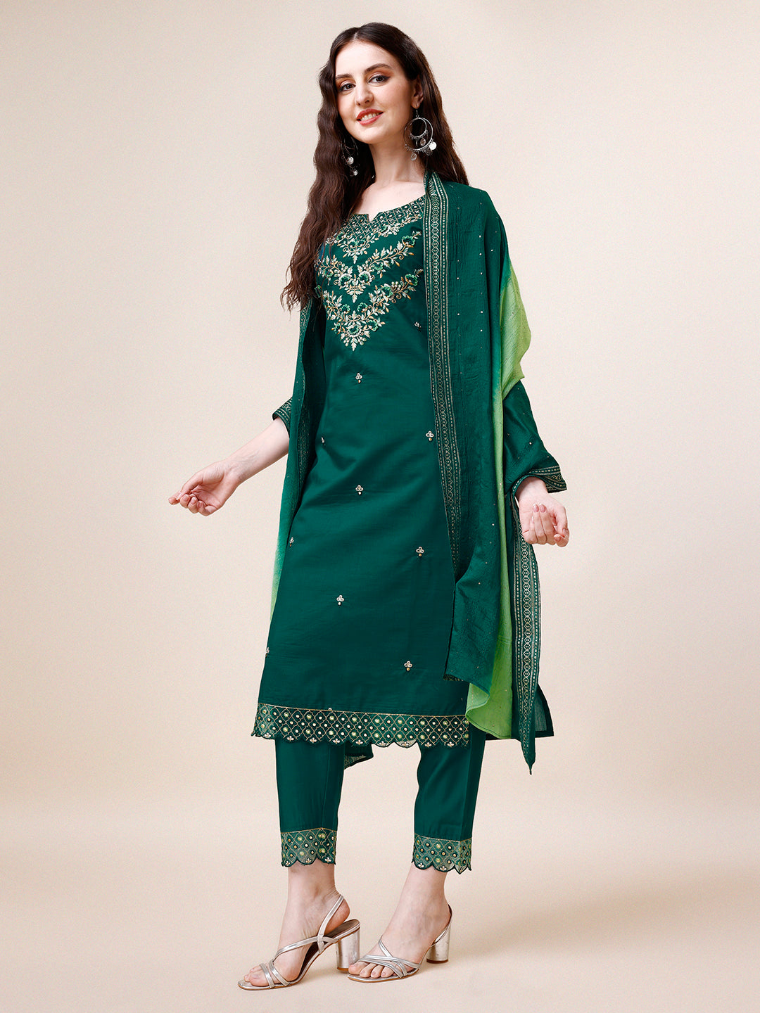 Hand Embroidered Chanderi Kurta with pant and dupatta Set Premium