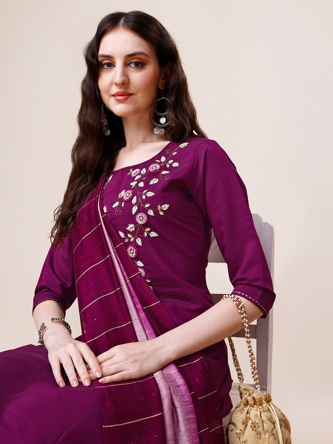 Hand Embroidered Kurta with pant & dupatta set