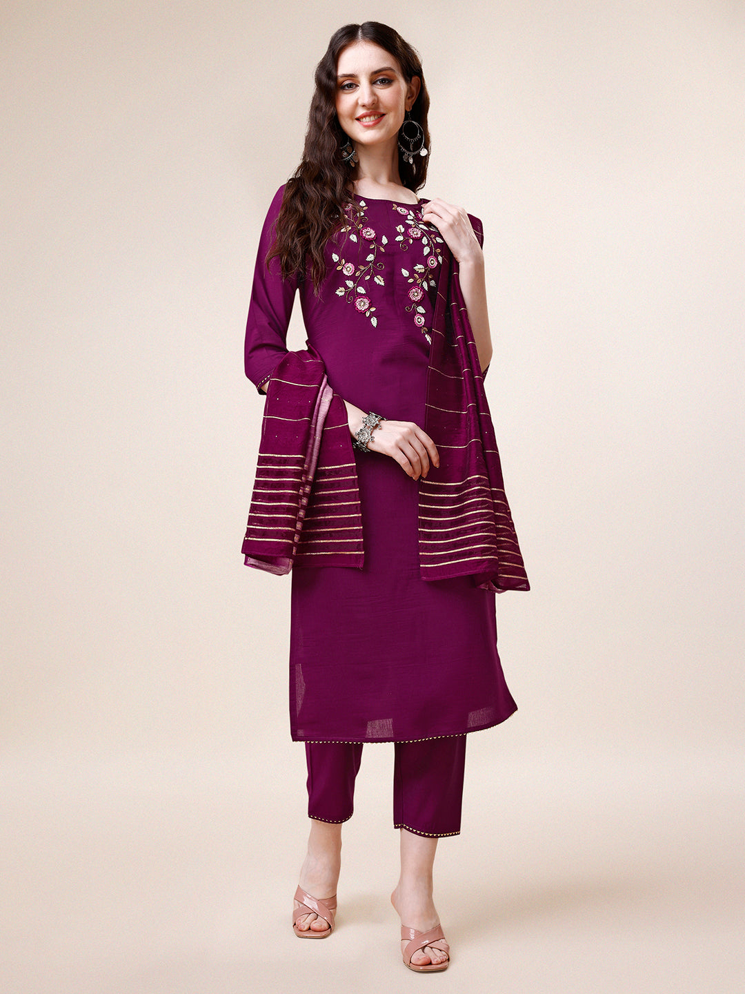 Hand Embroidered Kurta with pant & dupatta set