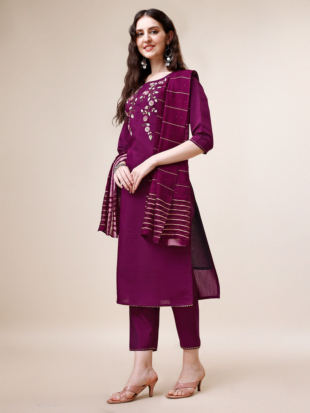 Hand Embroidered Kurta with pant & dupatta set