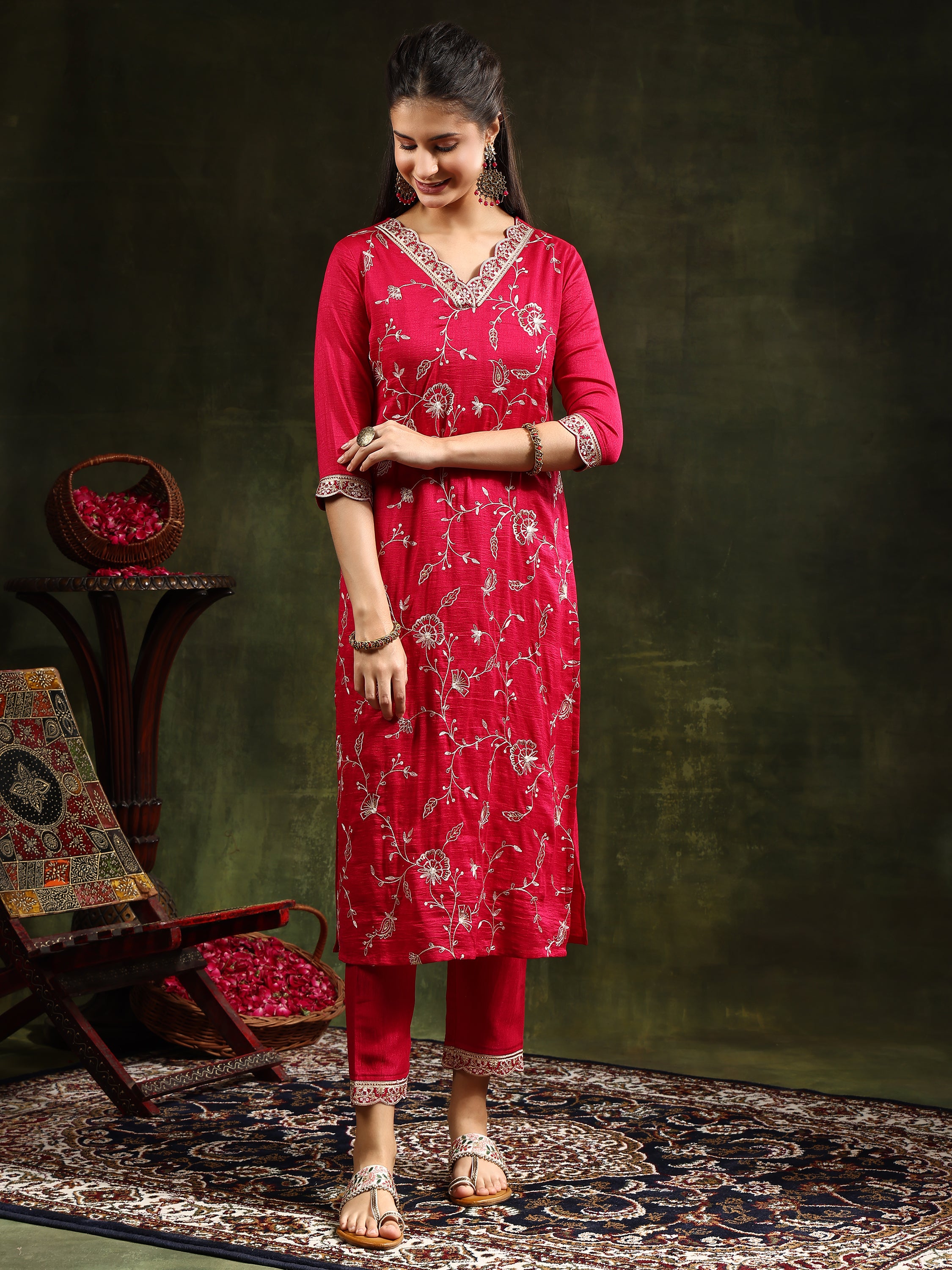 Sequined Embroidered Kurta with Pant & Embroidered Dupatta