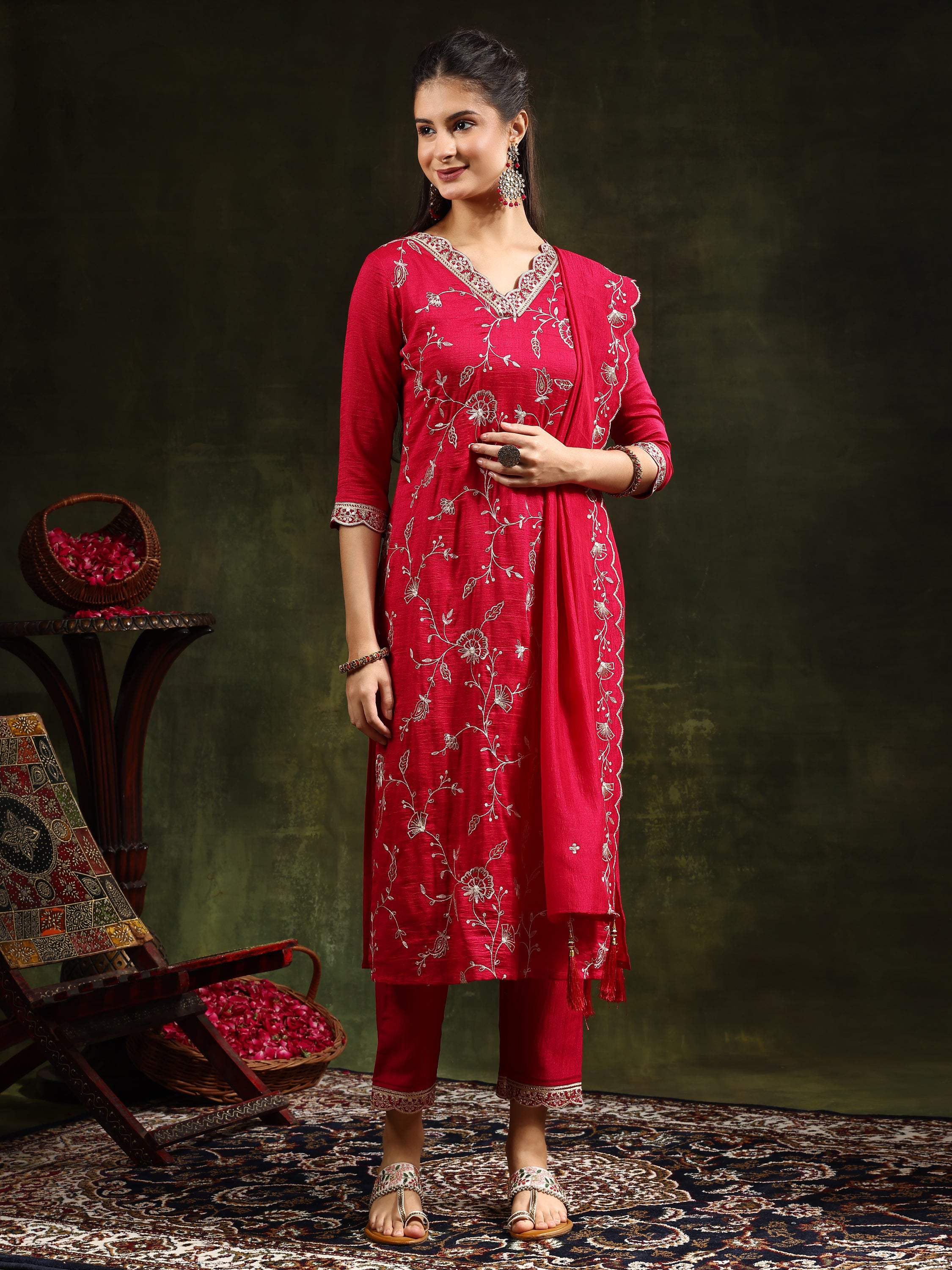 Sequined Embroidered Kurta with Pant & Embroidered Dupatta