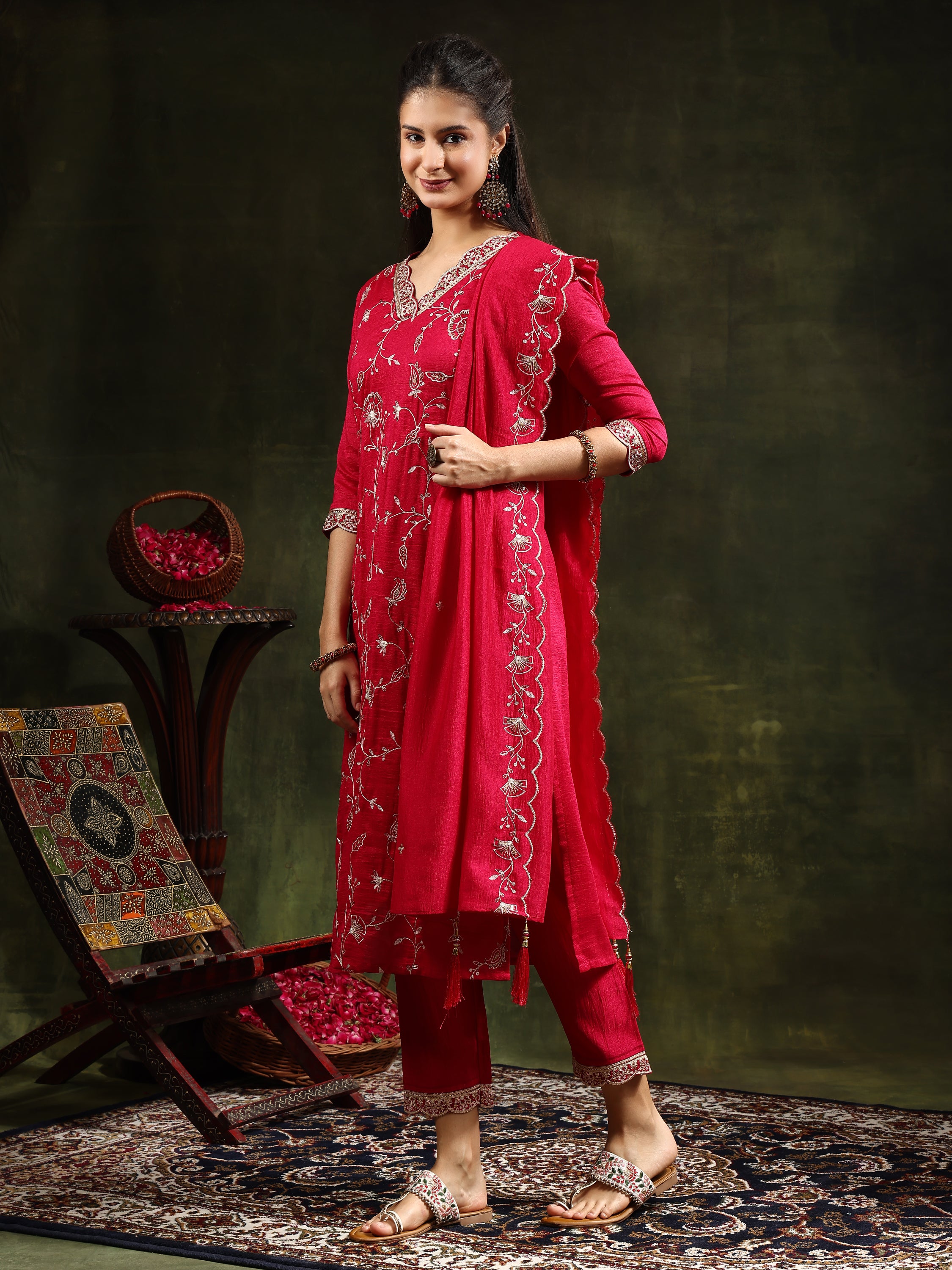 Sequined Embroidered Kurta with Pant & Embroidered Dupatta