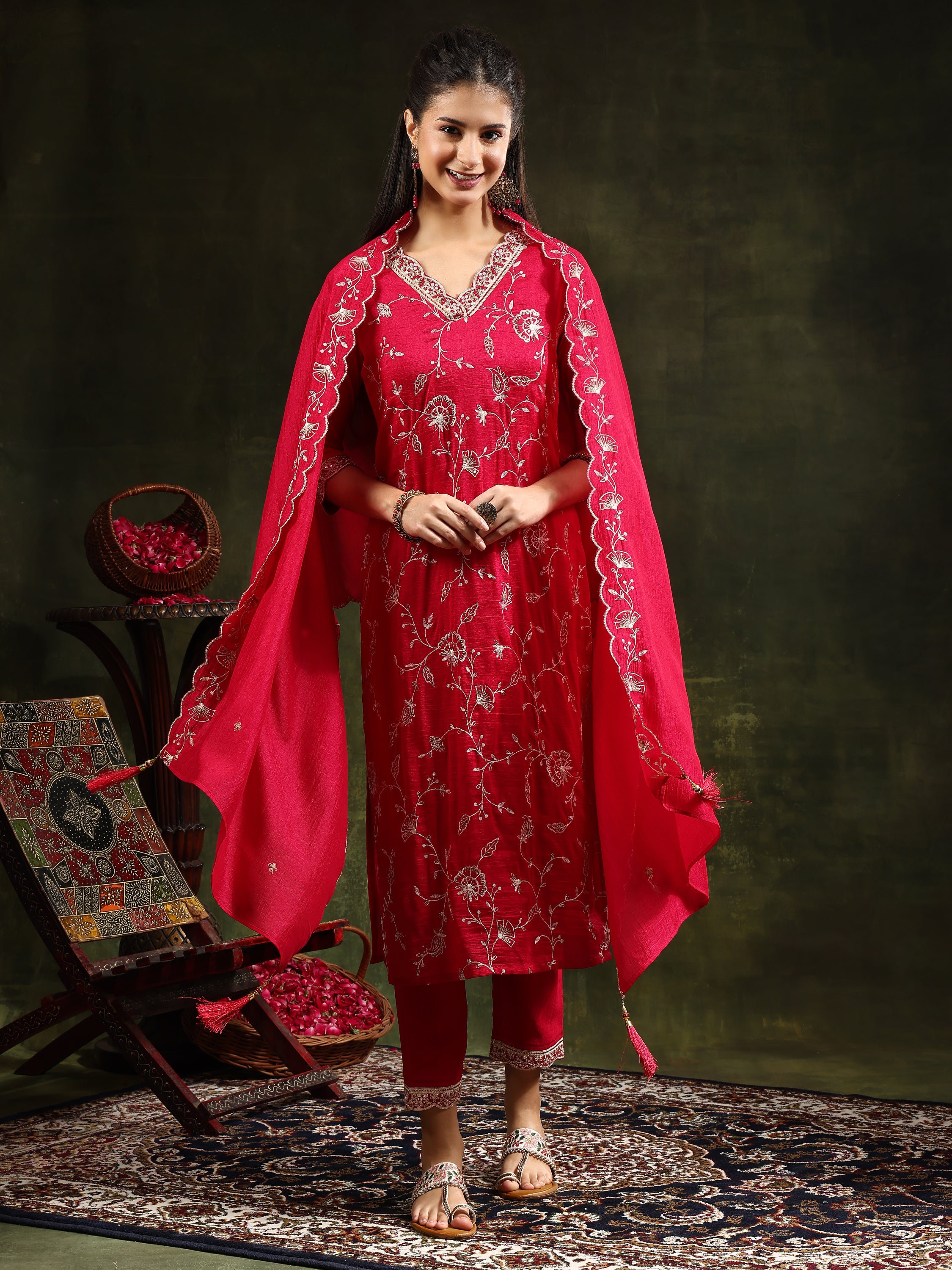 Sequined Embroidered Kurta with Pant & Embroidered Dupatta