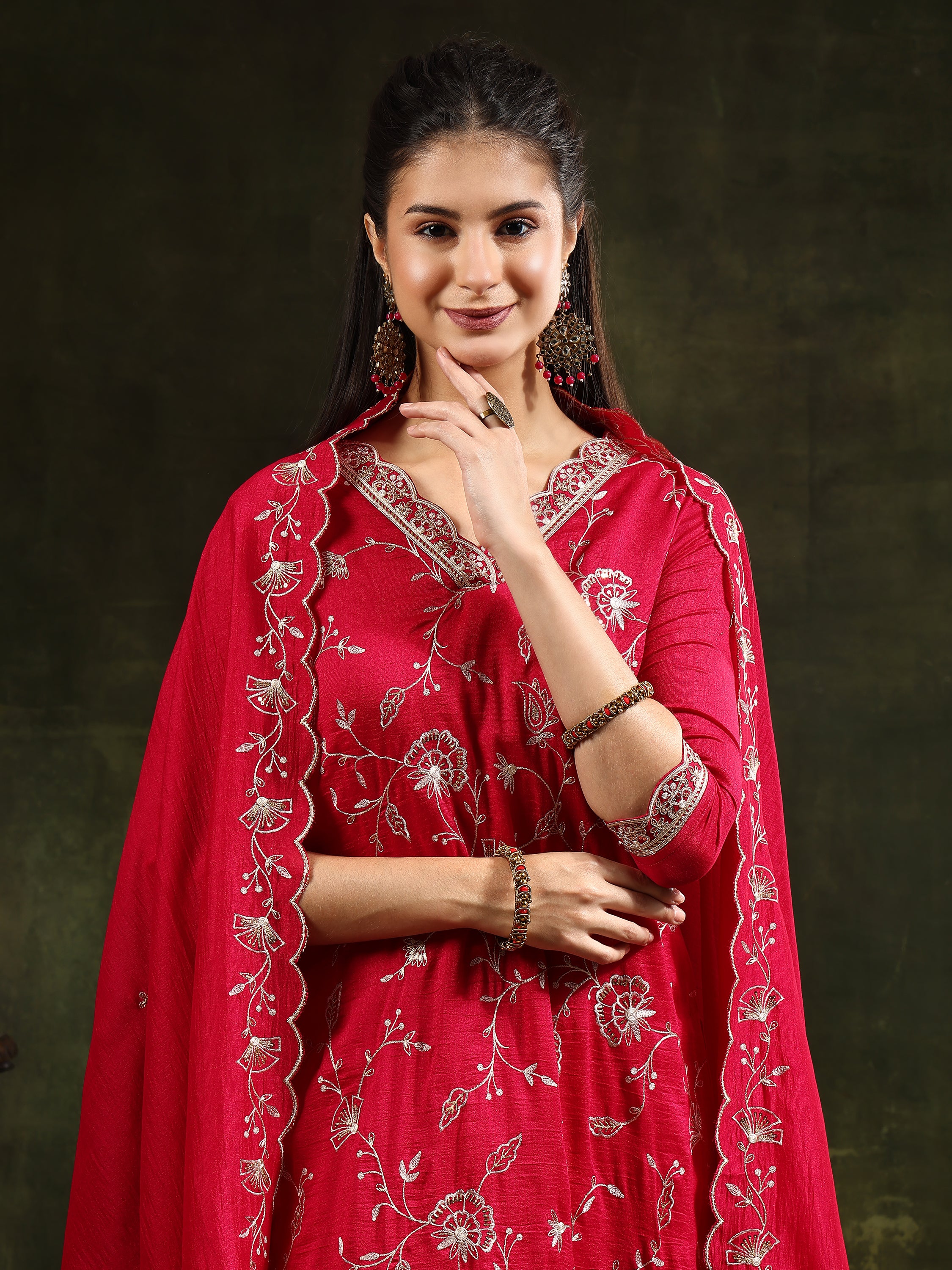 Sequined Embroidered Kurta with Pant & Embroidered Dupatta