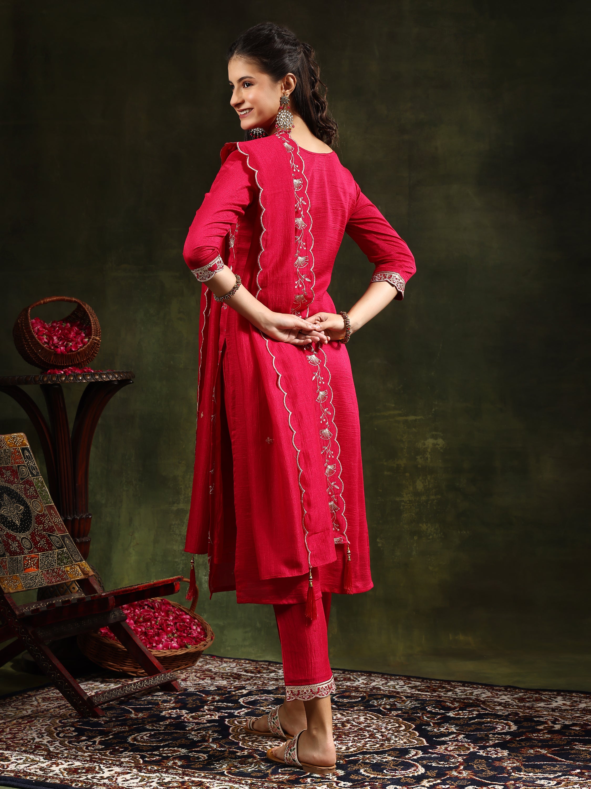 Sequined Embroidered Kurta with Pant & Embroidered Dupatta