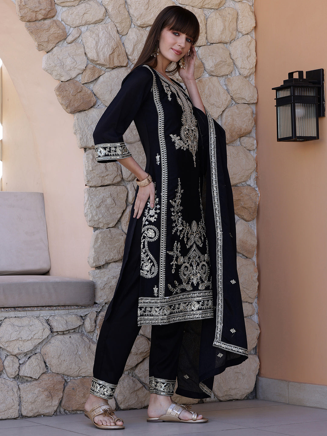 Pakistani Sequinned Embroidered Kurta with Pant & Dupatta