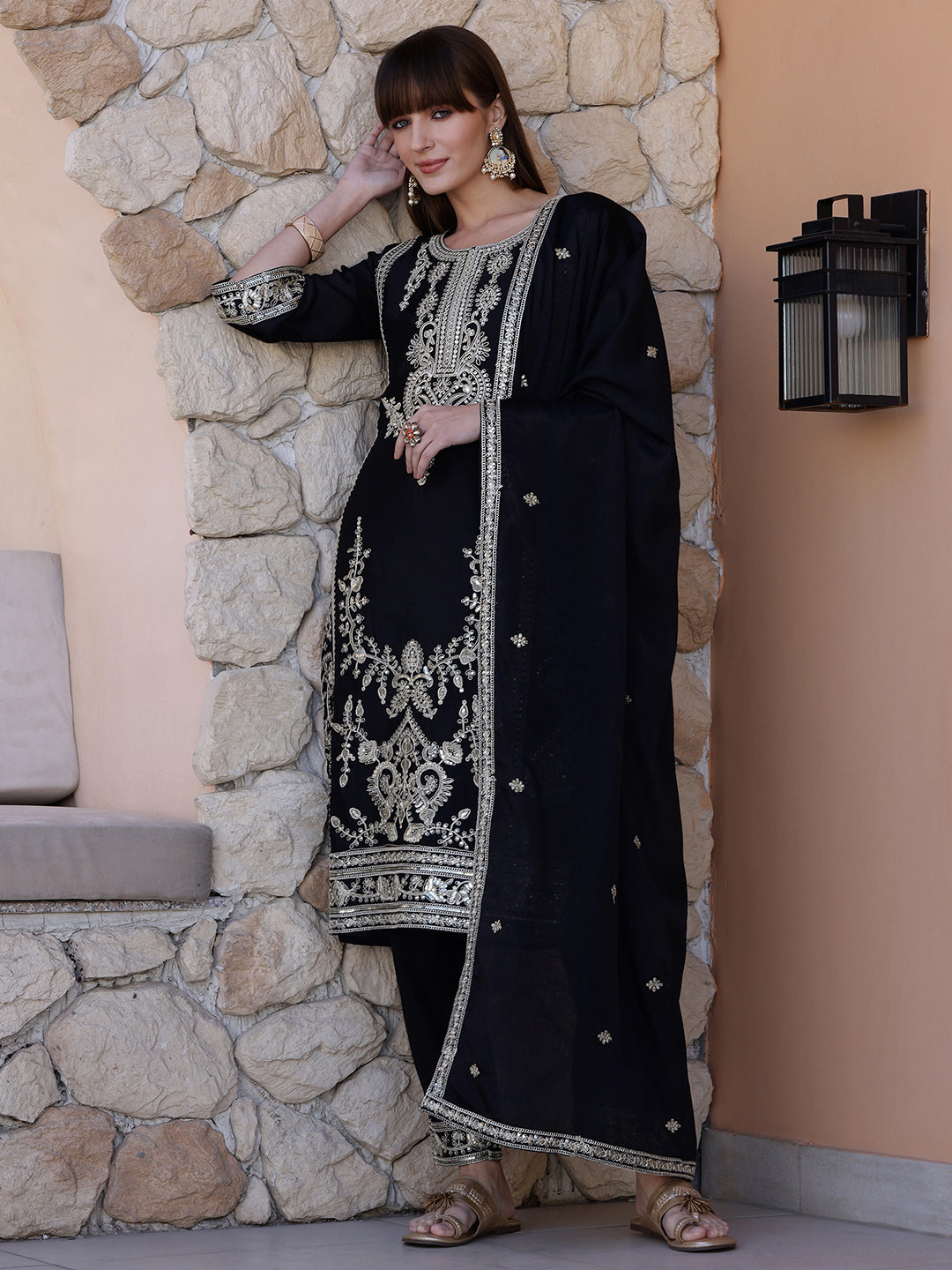 Pakistani Sequinned Embroidered Kurta with Pant & Dupatta